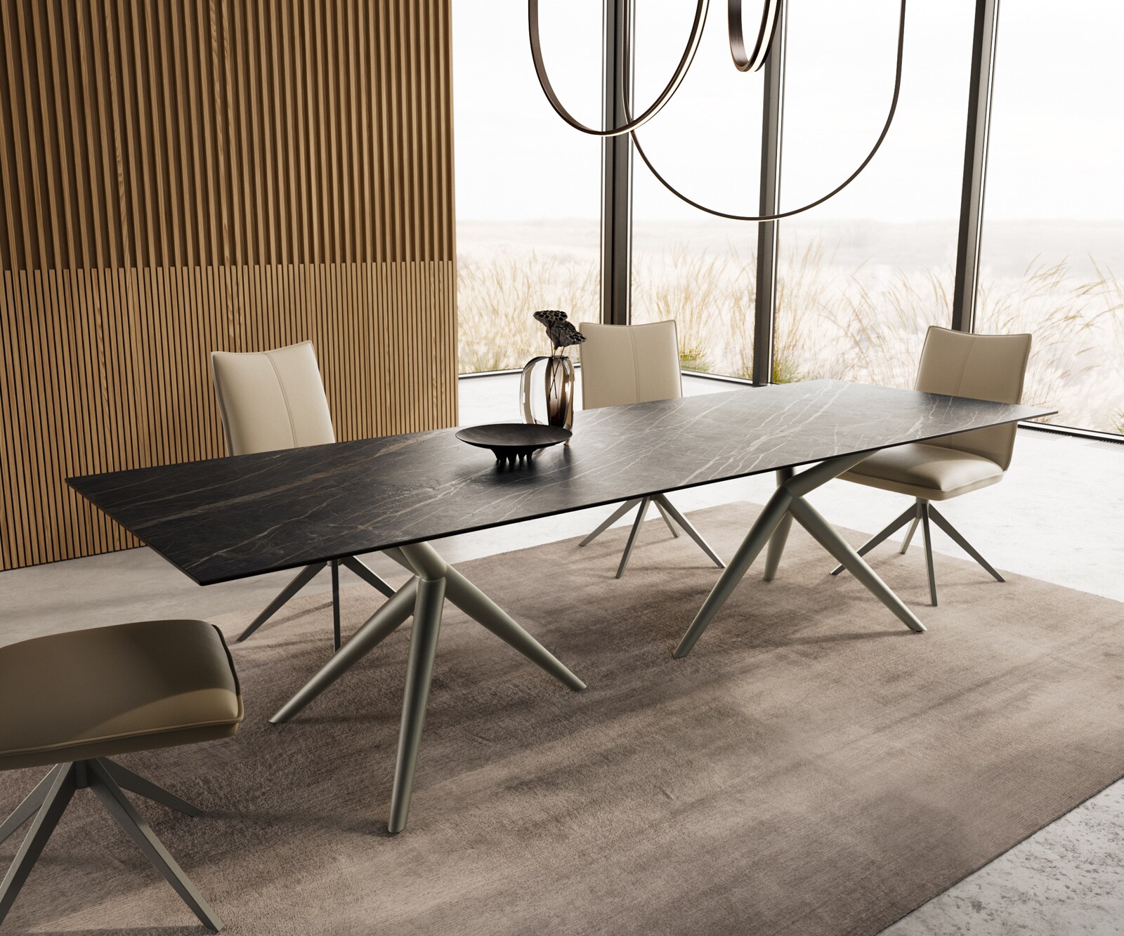 Stół do jadalni Edge 300x100cm ceramika Laminam® Noir Desir brązowy rama Estelar metal kolor tytanowy