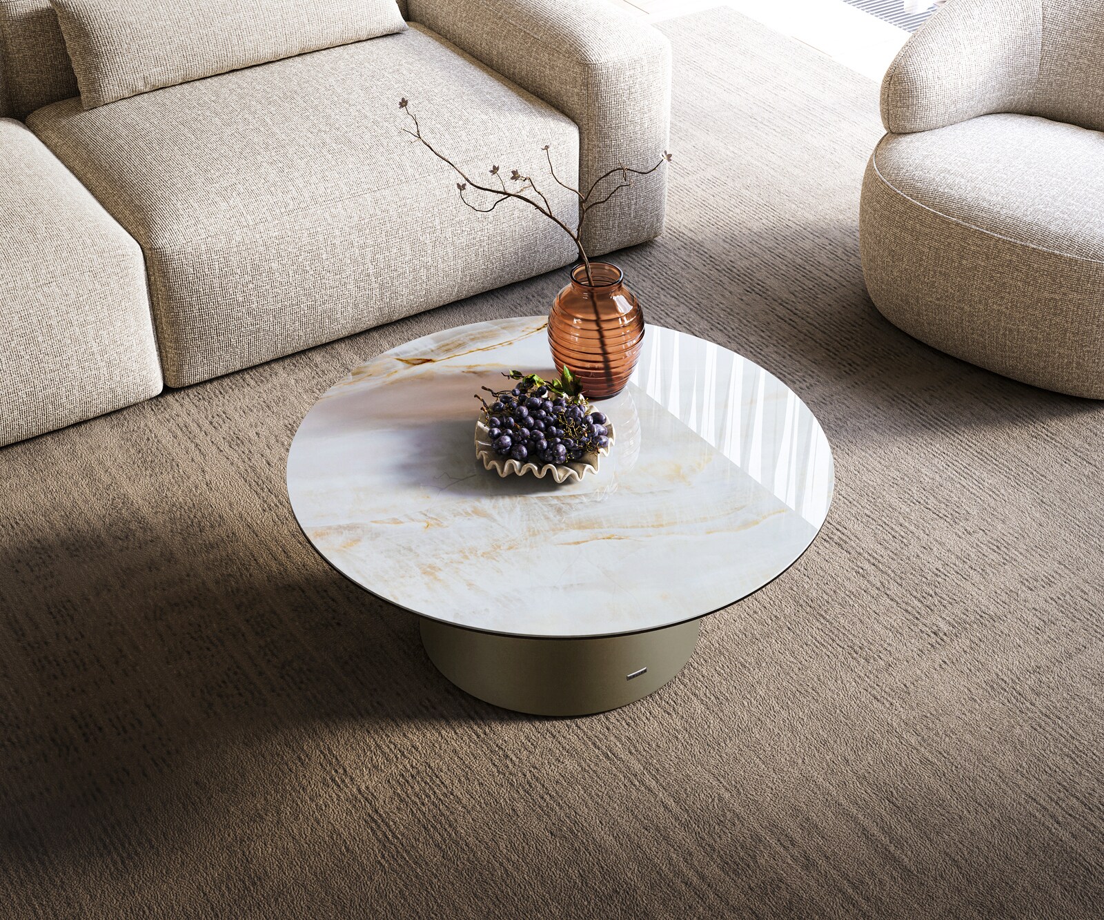 Stolik kawowy Edge okrągły 90x90 cm ceramika Onyx Pearl podstawa Borna metal w kolorze tytanu 4