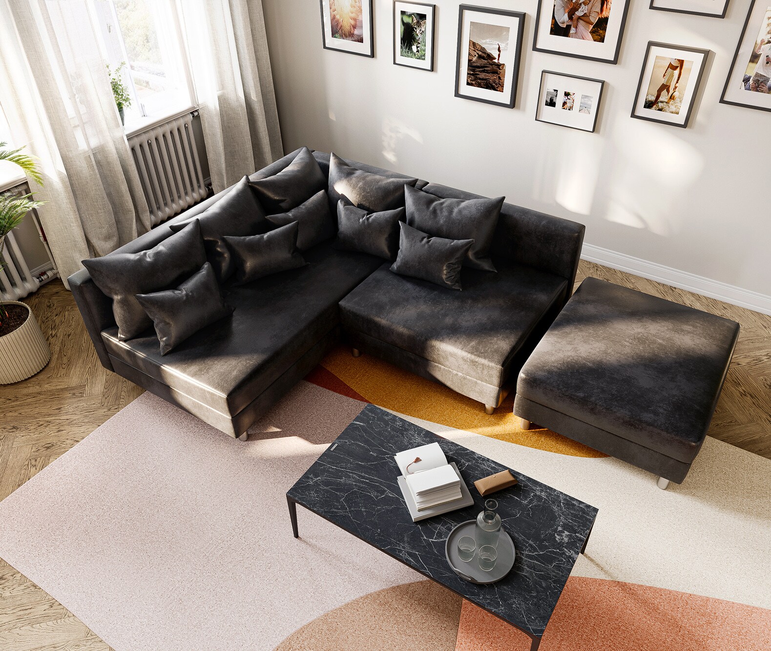 Sofa narożna Clovis antracyt antyczny z pufem szezlong lewy sofa modułowa 3