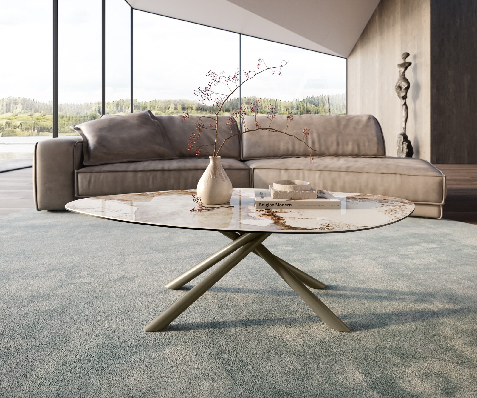Stolik kawowy Edge organiczny 140x76 cm ceramika Minas Melange podstawa Sarity wykończenie tytanowe 1