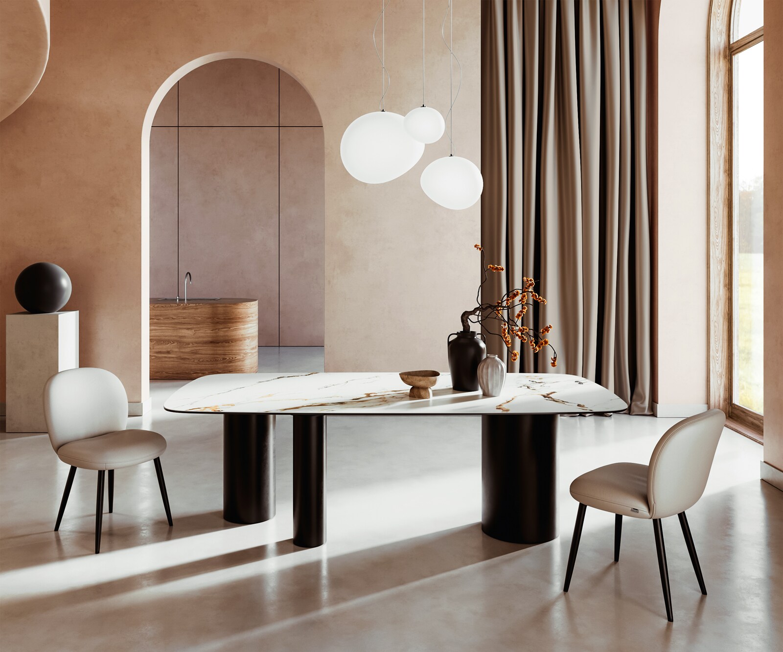 Stół do jadalni Edge kształt beczki 240x120cm ceramika Calacatta Luxe biało-złoto-szary rama Troa metal czarny
