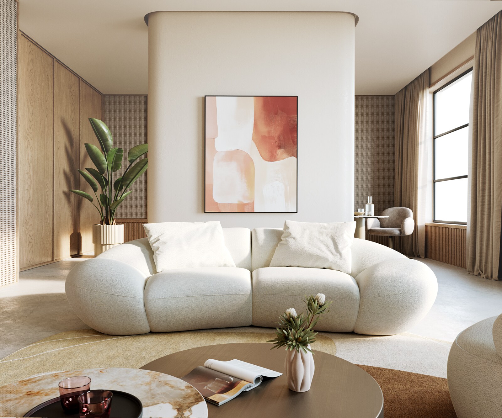 Sofa Lunna 280x70 cm miękka tkanina bouclé beżowa 2 poduszki