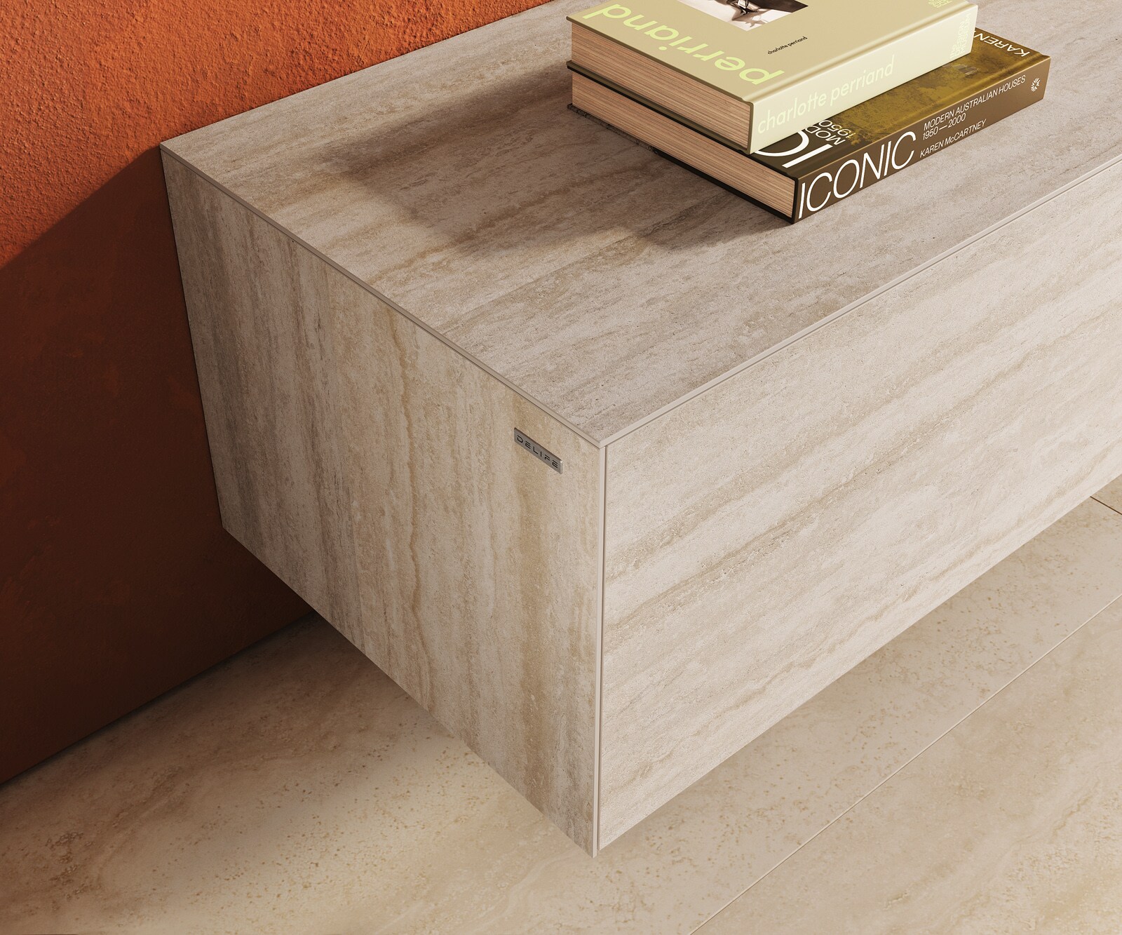 Szafka RTV Cuor 220 cm ceramika Laminam® Travertino Bianco kremowo-biała 1 klapa 2 szuflady podwieszana 6
