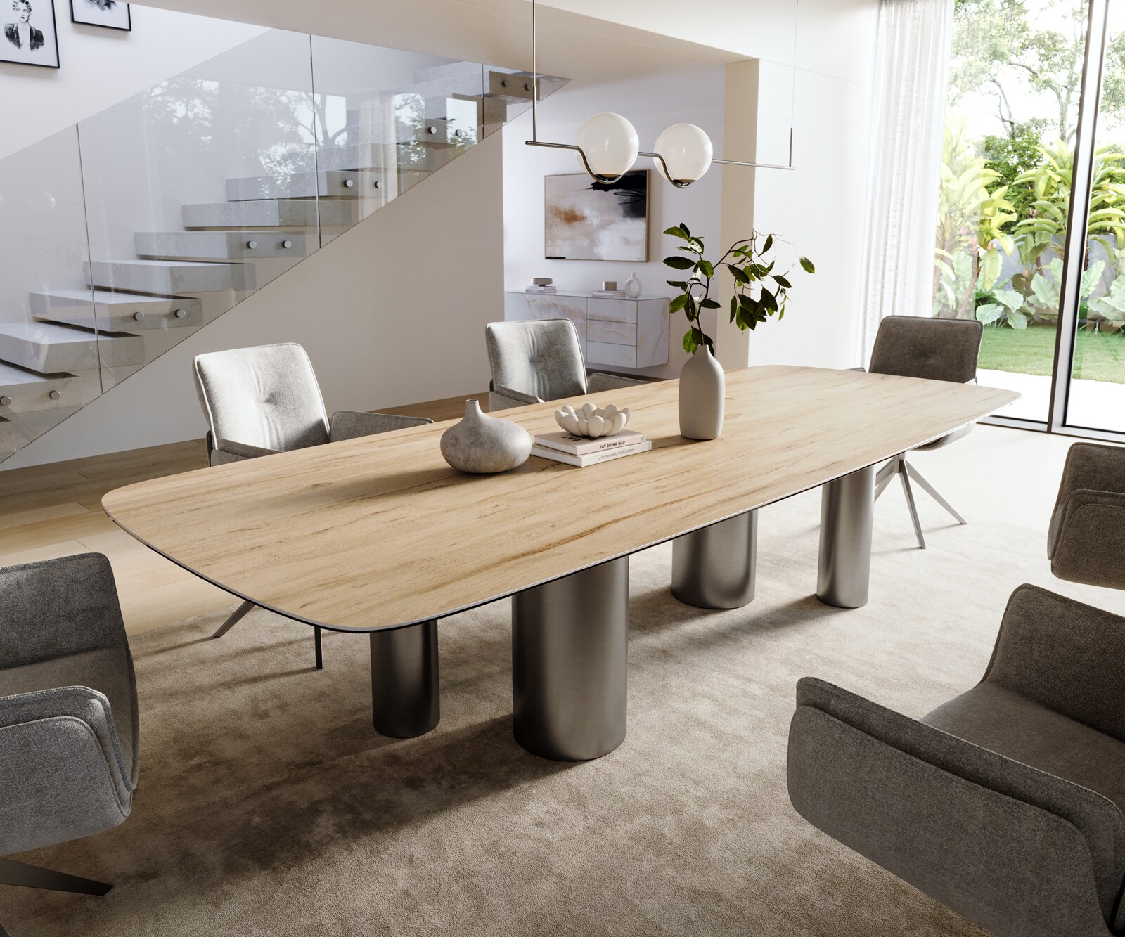 Stół do jadalni Edge w kształcie beczki 300x120 cm ceramika Laminam® Sabbia w kolorze dębu rama Pilier stal nierdzewna kolor grafitowy 1