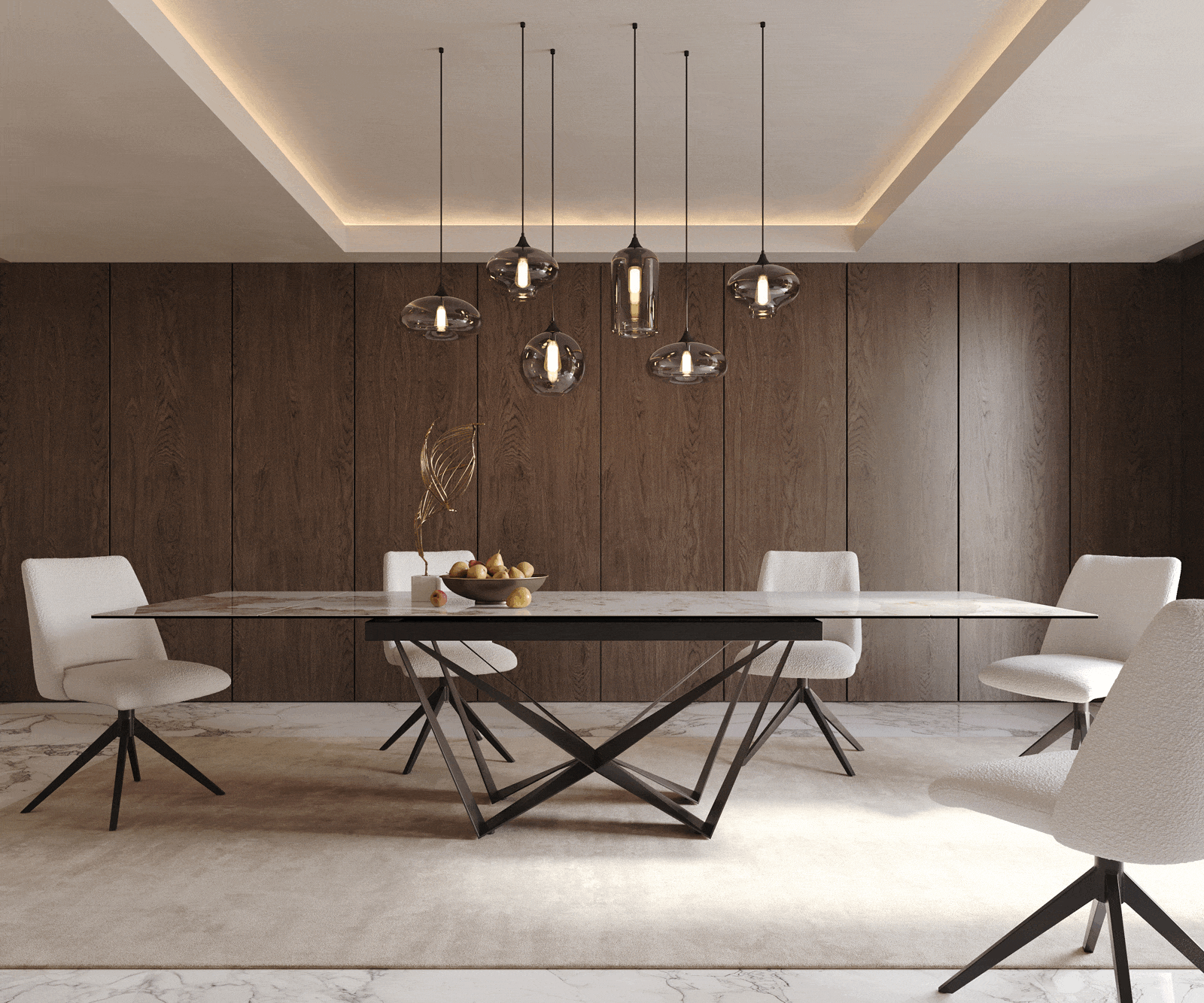 Stół do jadalni Edge 200-300x100 cm ceramika Minas Melange biało-beżowy rama Spider metal czarna rozkładany 2