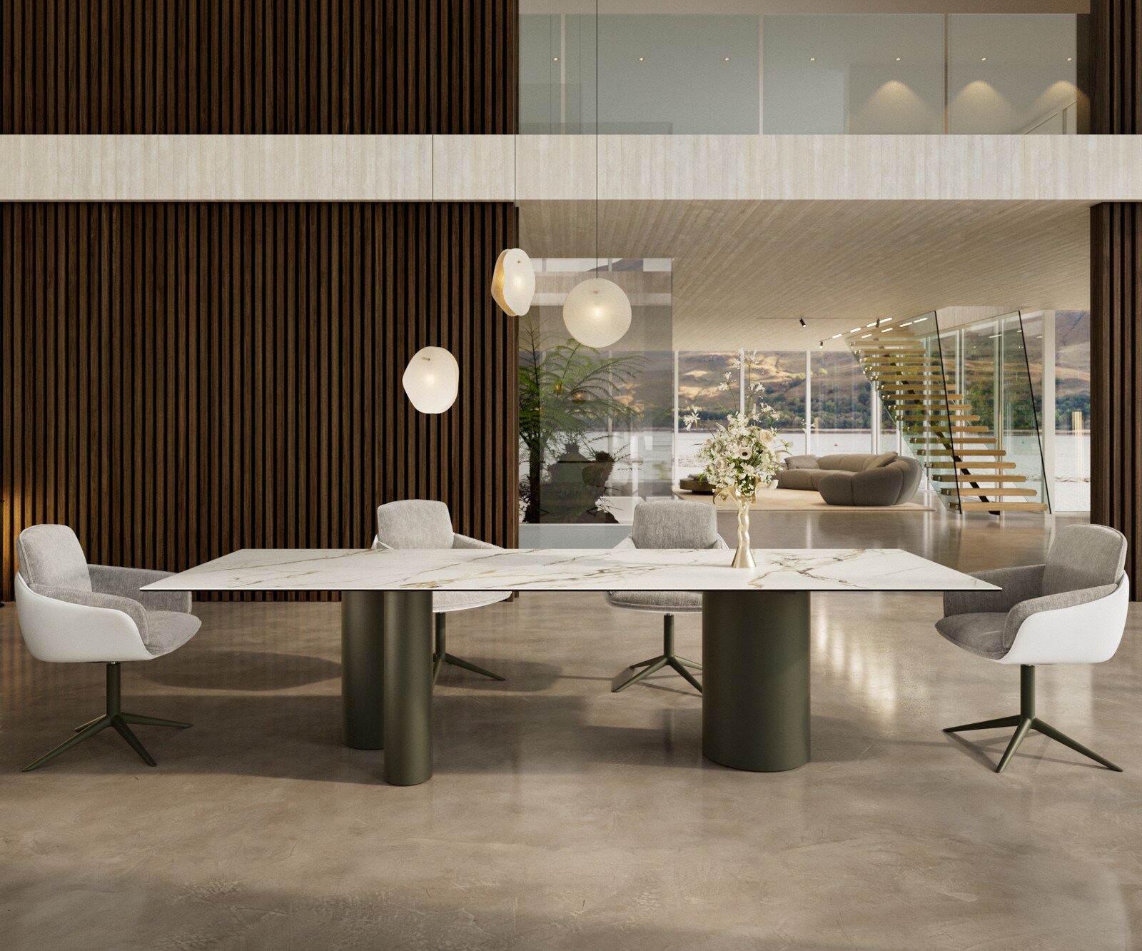 Stół do jadalni Edge 300x100cm ceramika Calacatta Luxe biało-złoto-szary rama Troa metal kolor tytanowy