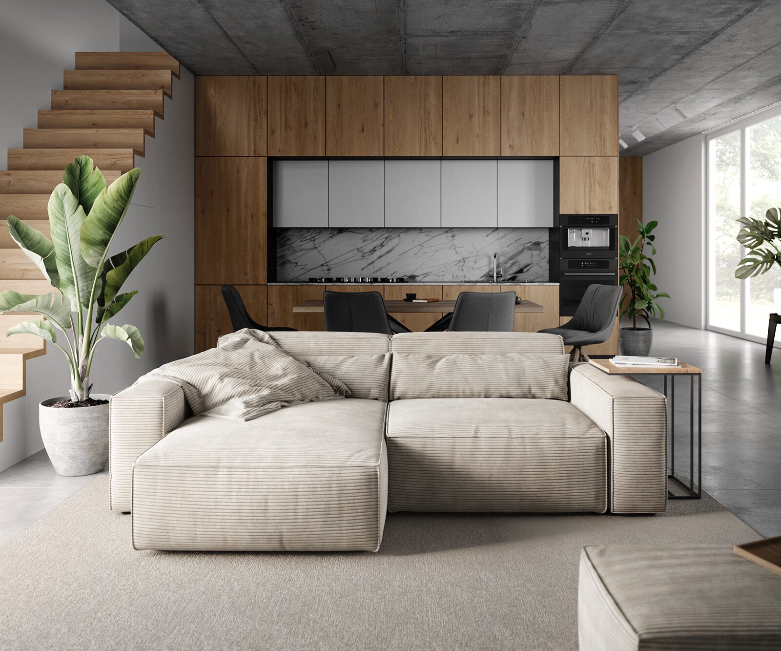 Sofa narożna Sirpio 230x155 cm sztruks beżowy szezlong z możliwością obustronnego montażu z pufem 1
