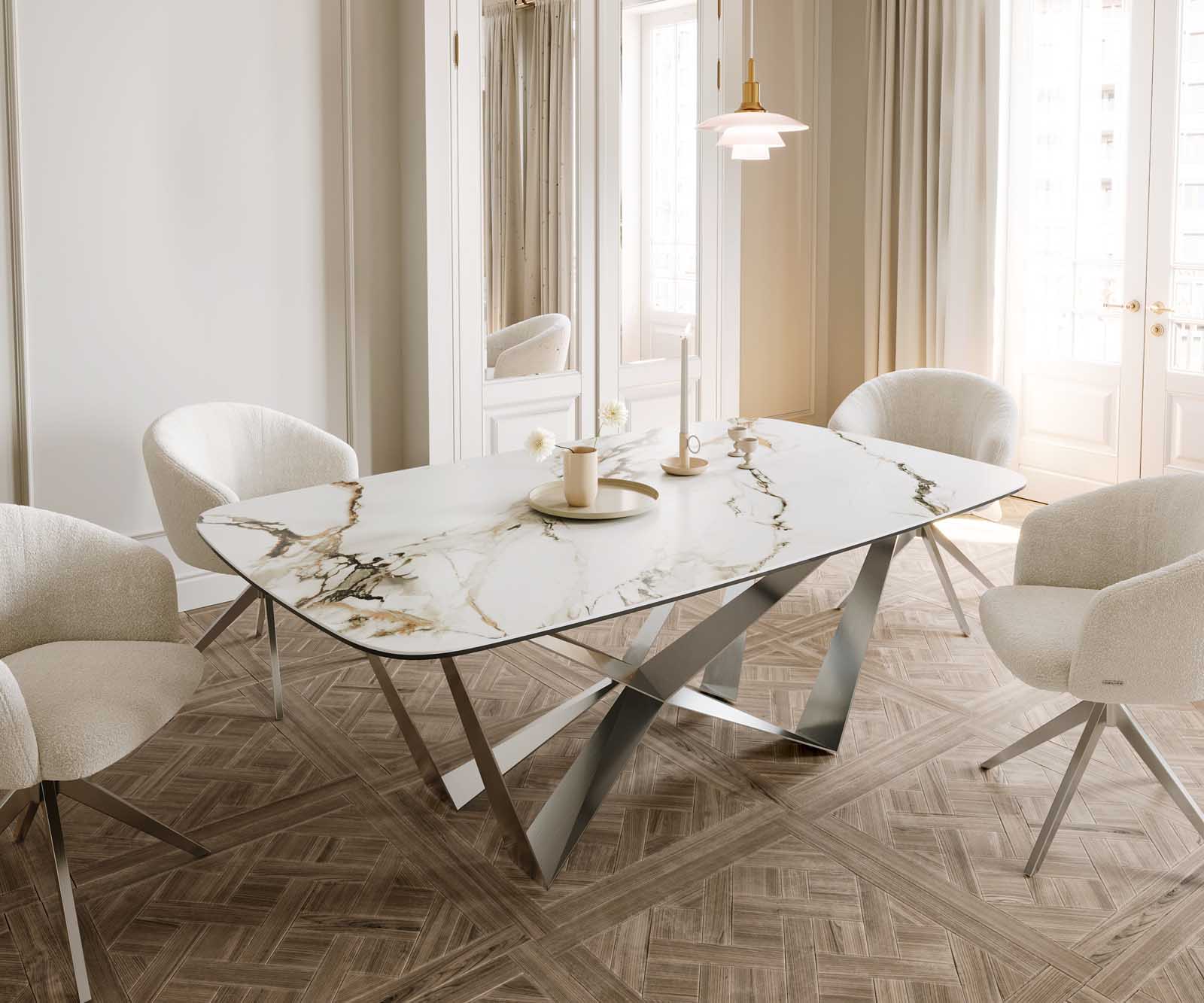 Stół do jadalni Edge kształt beczki 200x100cm ceramika Calacatta Luxe biało-złoto-szary rama Spider stal nierdzewna