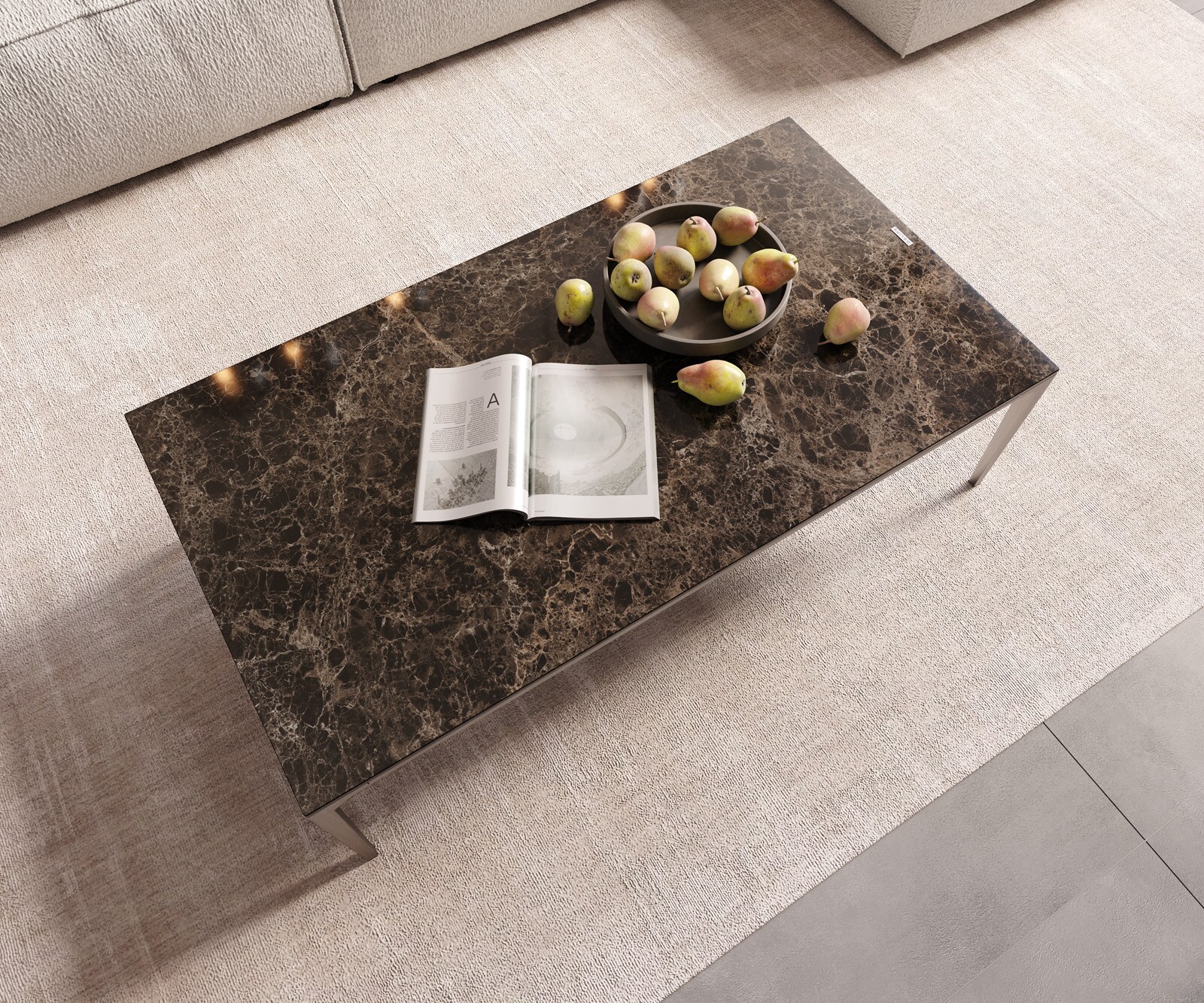 Stolik kawowy Levente 110x60 cm ceramika Emperador Extra Lucidato ciemnobrązowy rama stal nierdzewna srebrny 4
