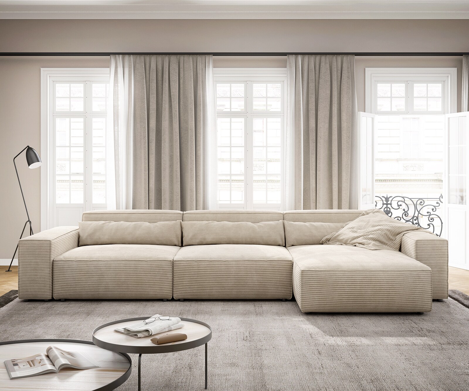 Sofa narożna Sirpio XL 370x170cm sztruks beżowy szezlong z możliwością zmiennego ustawienia 1