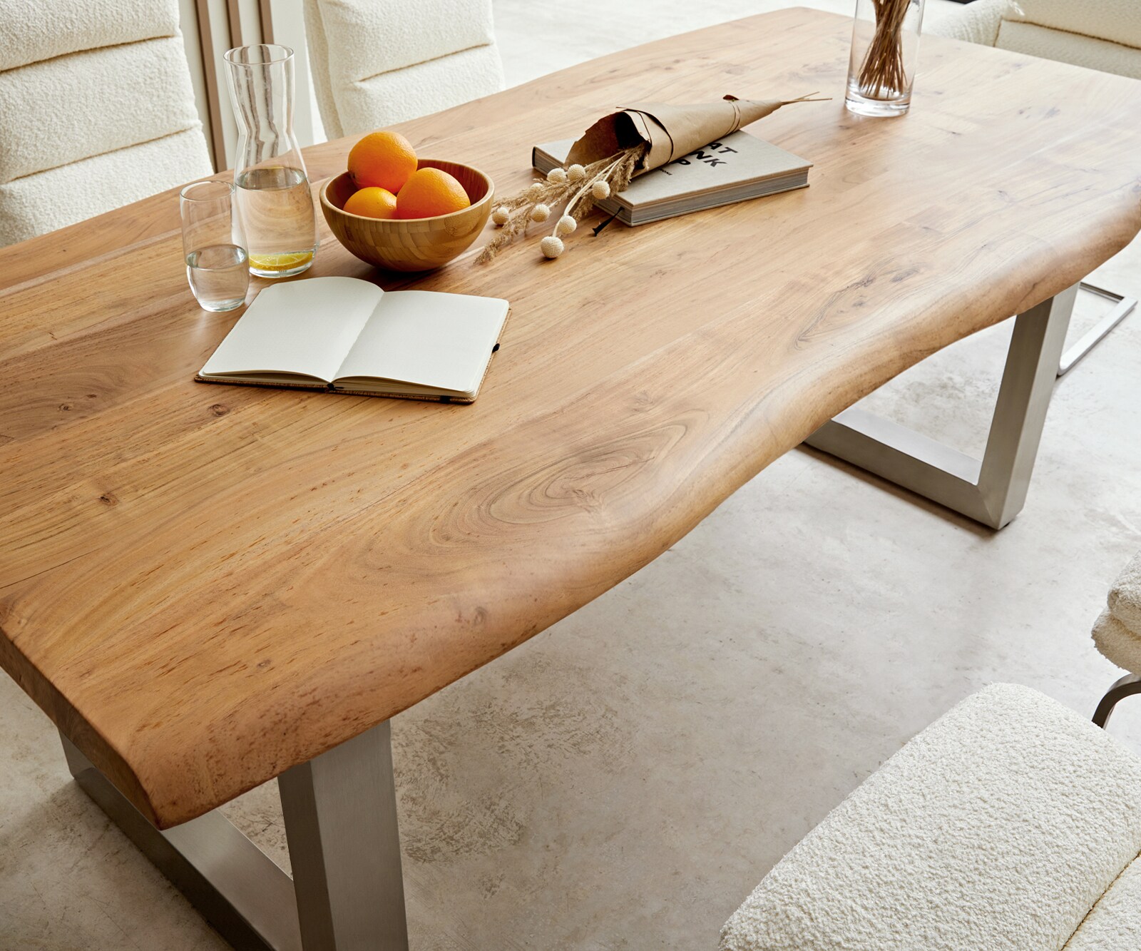 Stół do jadalni Edge 180x90cm XL akacja naturalna stal nierdzewna szeroka rama live-edge 5