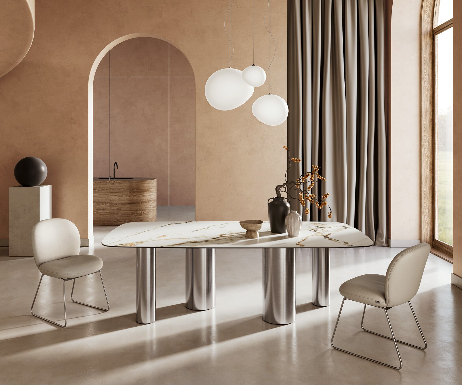 Stół do jadalni Edge kształt beczki 240x120cm ceramika Calacatta Luxe biało-złoto-szary rama Pilier stal nierdzewna