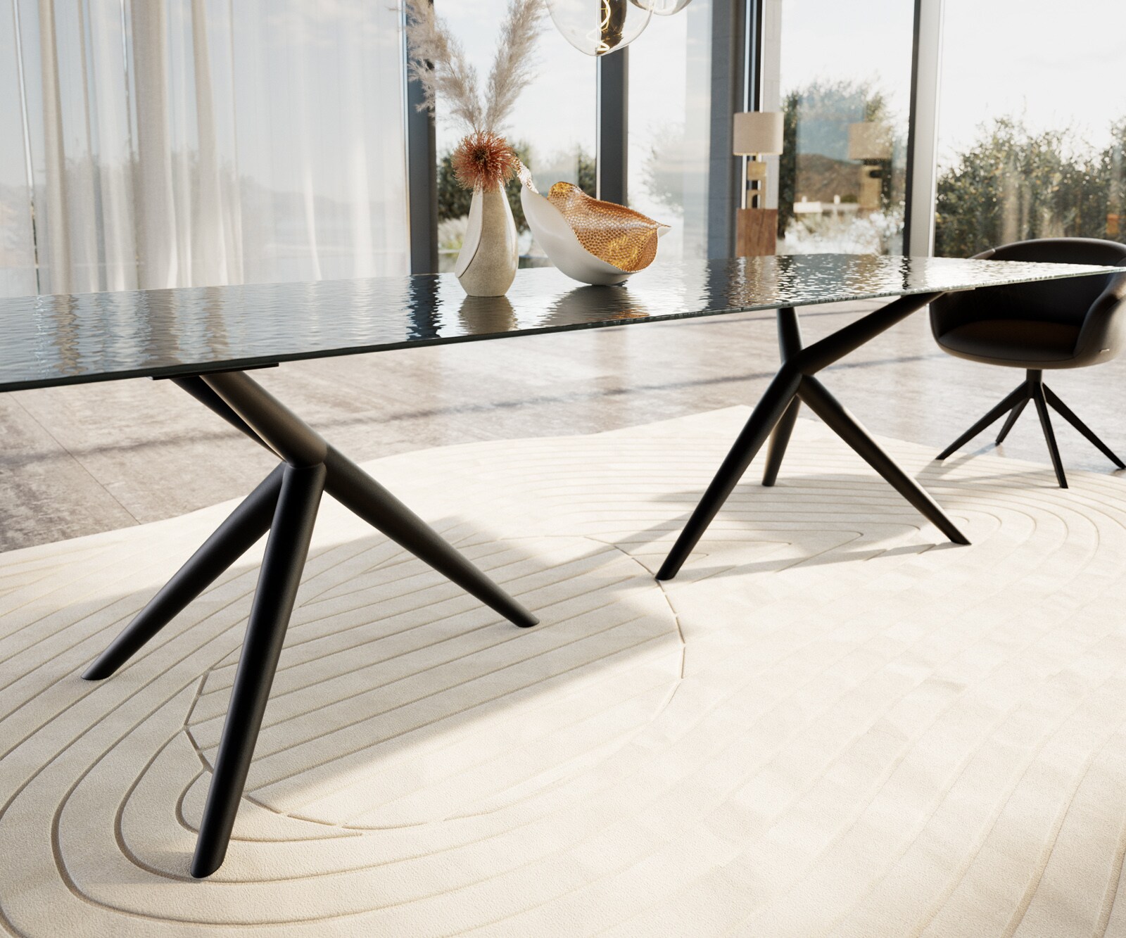 Stół do jadalni Edge 300x100cm szkło reliefowe dymione czarne efekt 3D rama Estelar metal czarny 5
