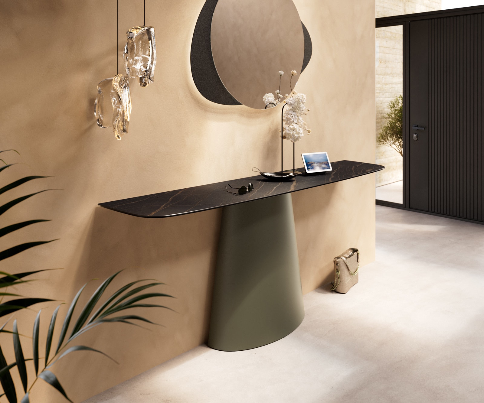 Konsola Edge w kształcie beczki 180x40 cm Laminam® Noir Desir brązowa rama Conos metal w kolorze tytanu 1