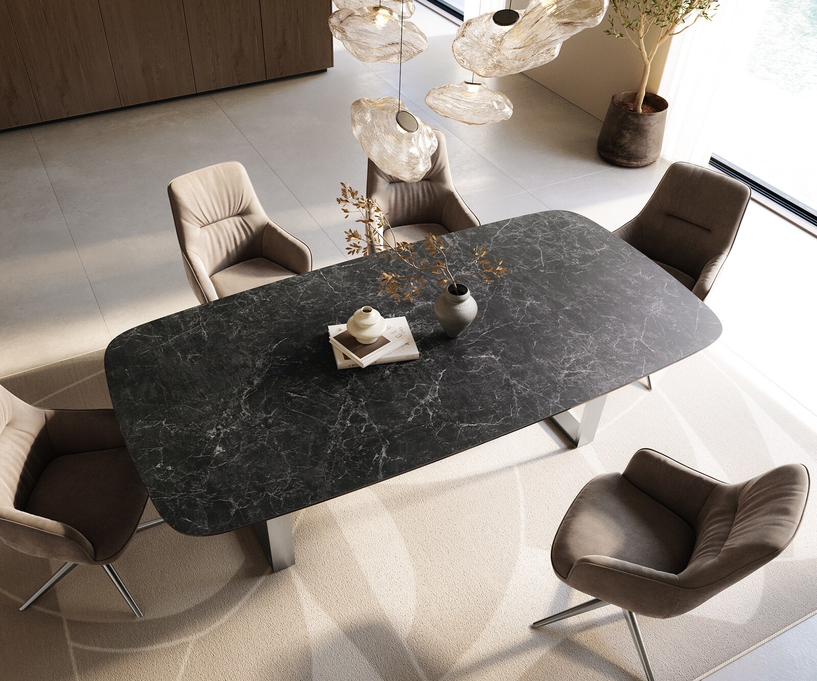 Stół do jadalni Edge w kształcie beczki 240x120 ceramika Laminam® Nero Greco antracytowa rama wąska stal nierdzewna 4