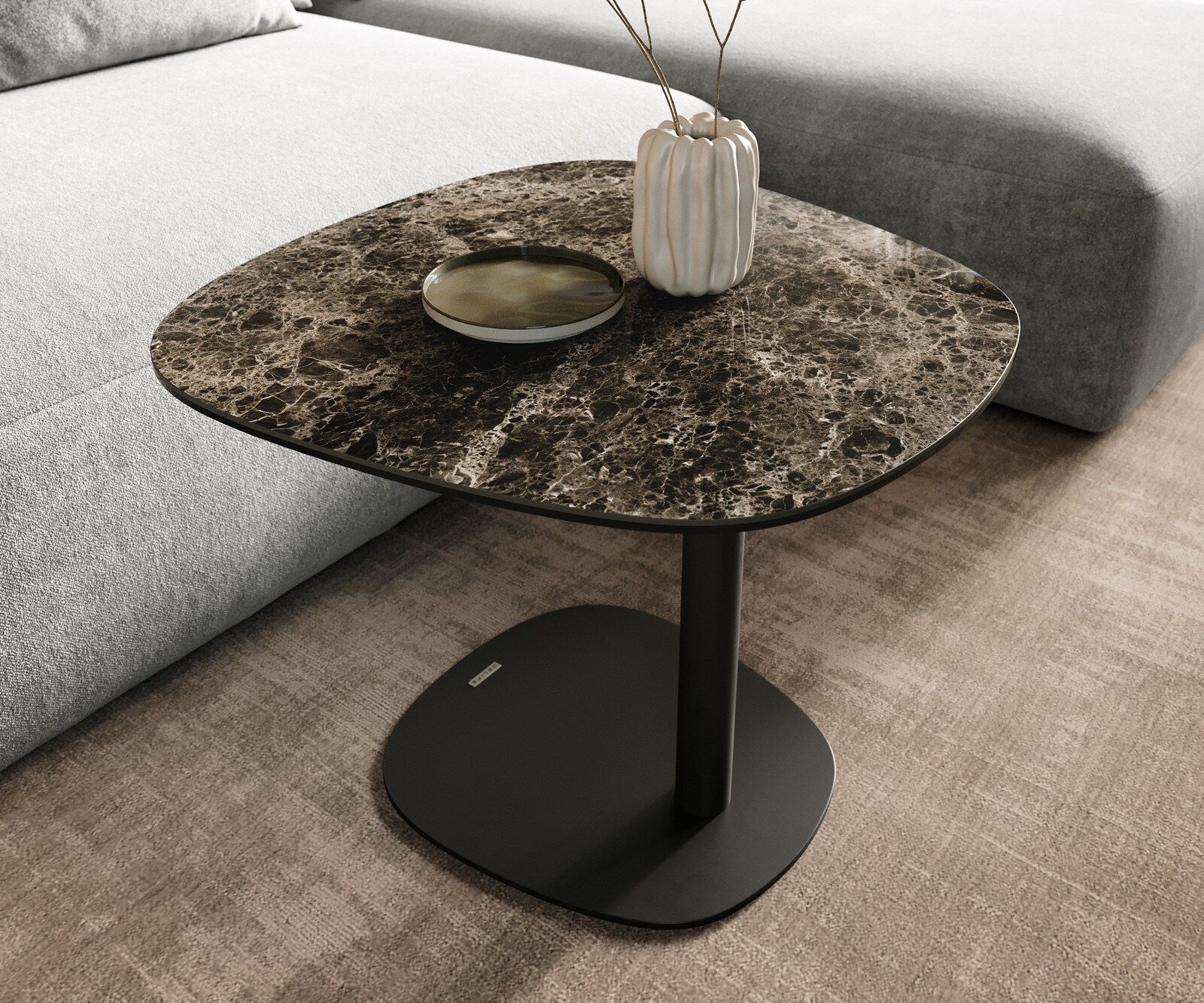 Stolik kawowy Edge w kształcie beczki 60x60 cm Laminam® Emperador Extra Lucidato ciemnobrązowy podstawa Eleny metal czarny 6
