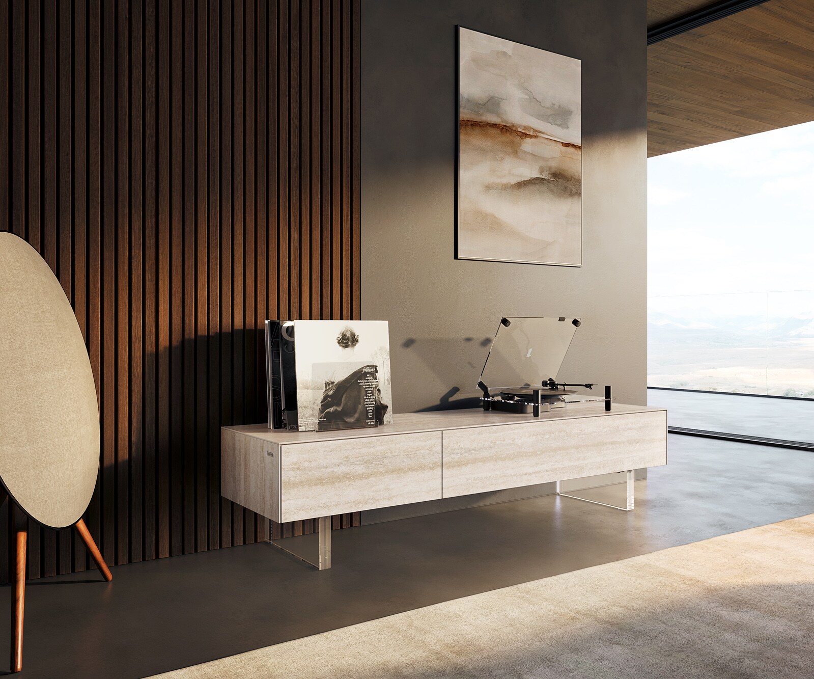 Szafka RTV Cuor 150 cm ceramika Laminam® Travertino Bianco kremowo-biała 1 klapa 1 szuflada nóżki akrylowe