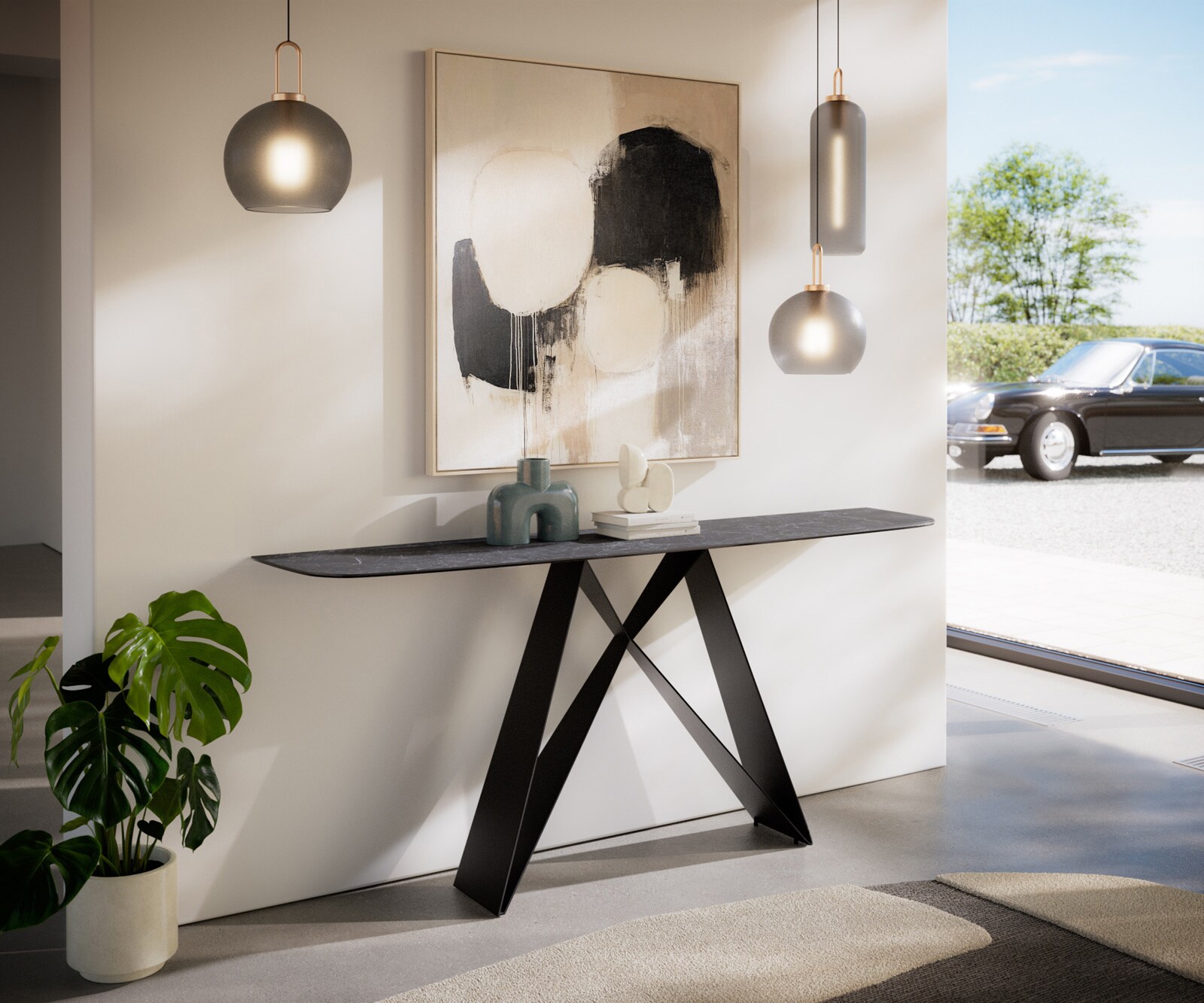 Konsola Edge w kształcie beczki 180x40 cm Laminam® Nero Greco antracytowa podstawa Velio metal czarny 7