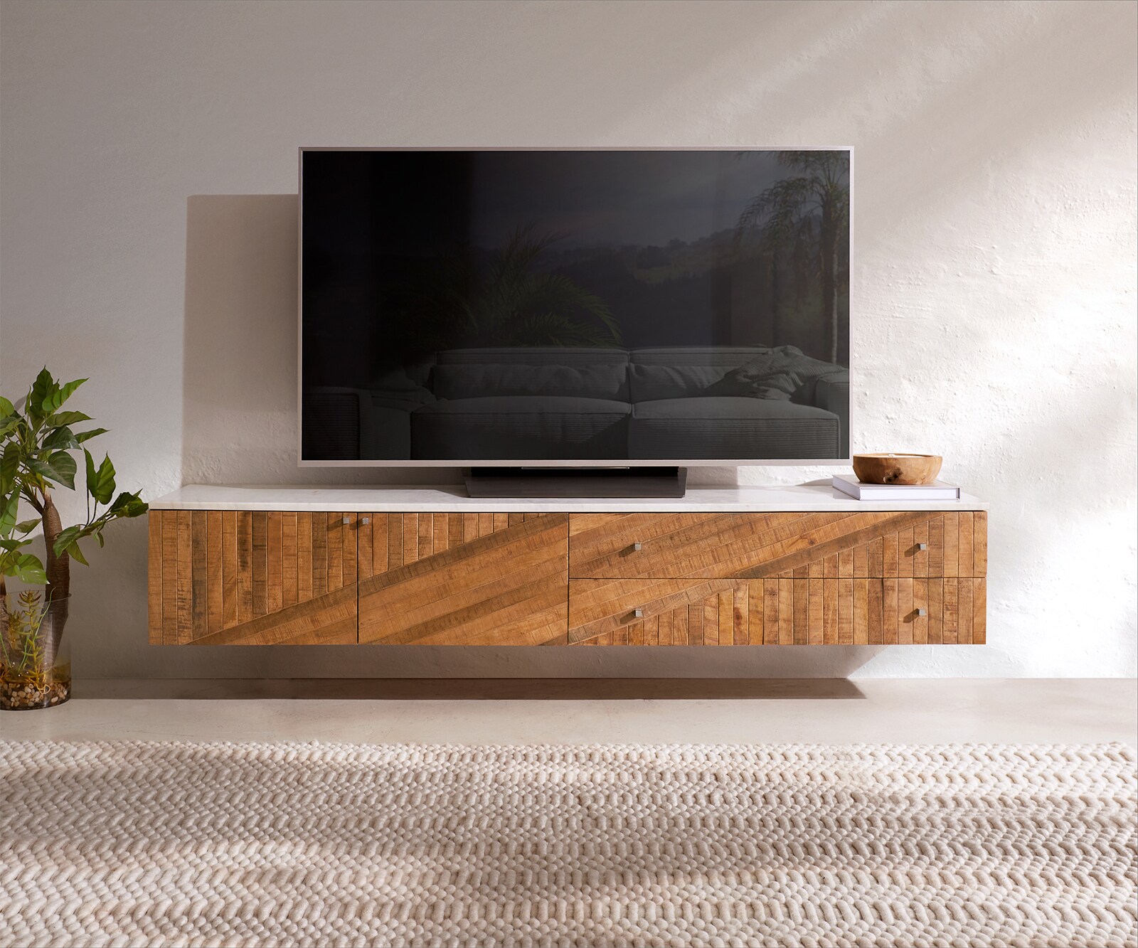 Szafka RTV Bahan 175 cm mango 2 drzwi 2 szuflady blat marmurowy biały podwieszana 2