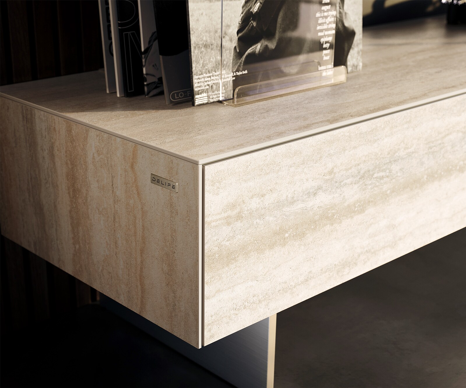 Szafka RTV Cuor 150 cm ceramika Laminam® Travertino Bianco kremowo-biała 1 klapa 1 szuflada nóżki wąskie stal nierdzewna 5