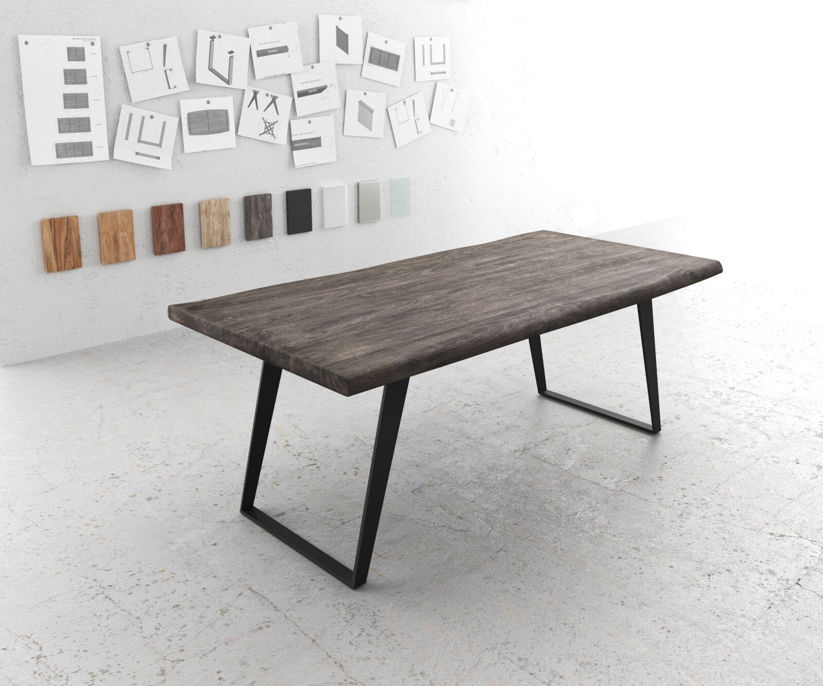 Stół do jadalni Edge 200x100 cm XL akacja platynowa metal pochylona rama live-edge