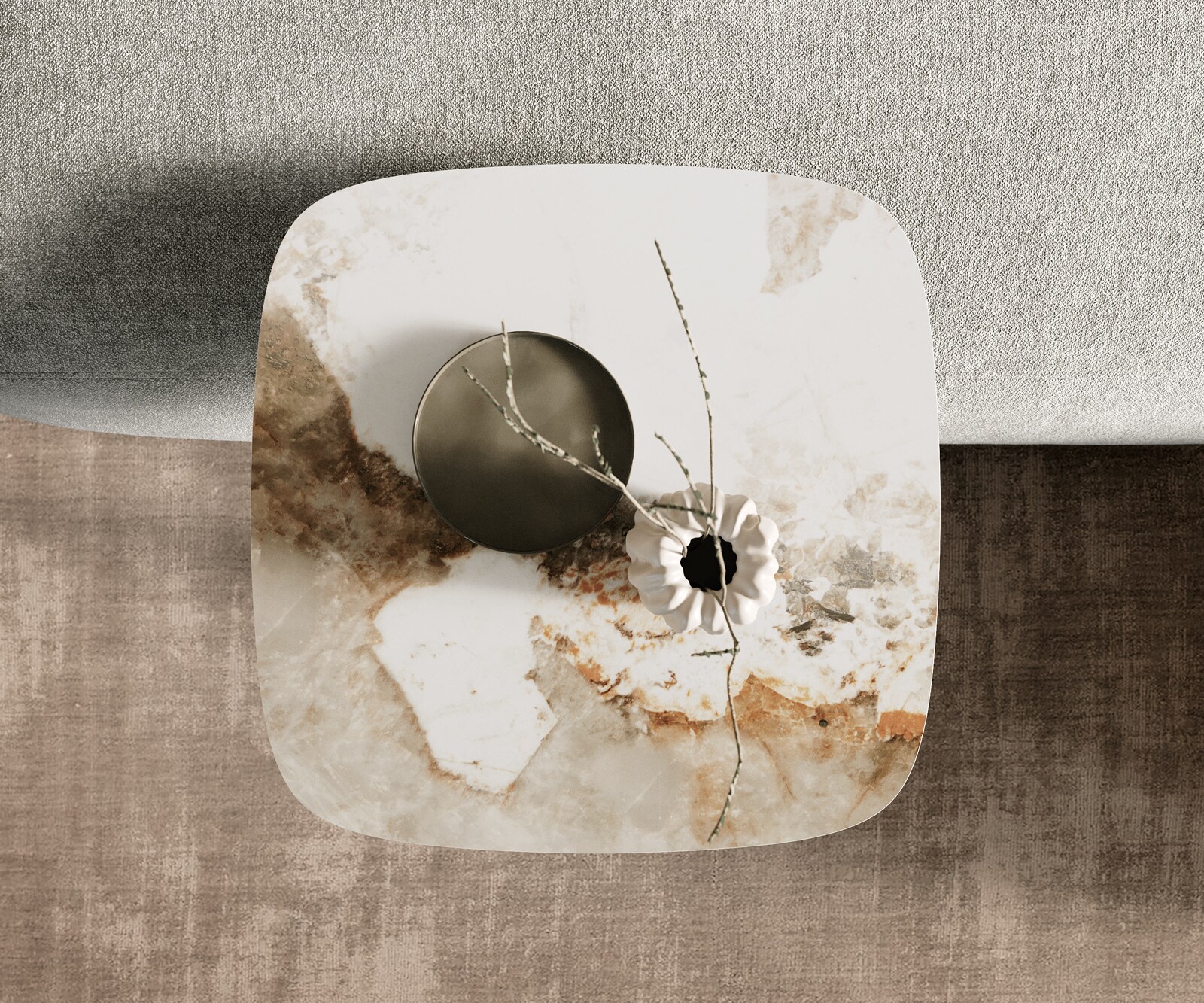 Stolik kawowy Edge w kształcie beczki 50x50 cm ceramika Minas Melange biało-beżowa podstawa Eleny metal w kolorze tytanu 3