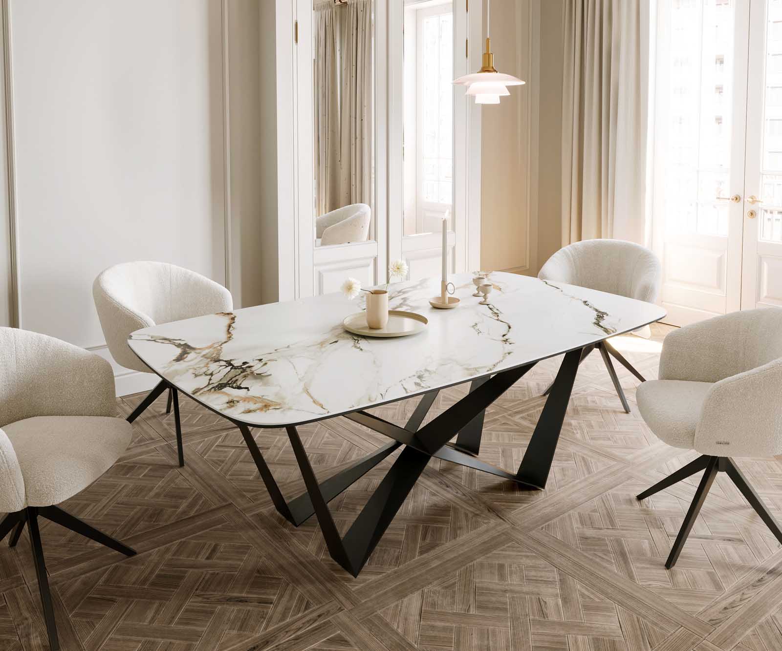 Stół do jadalni Edge kształt beczki 200x100cm ceramika Calacatta Luxe biało-złoto-szary rama Spider metal czarna