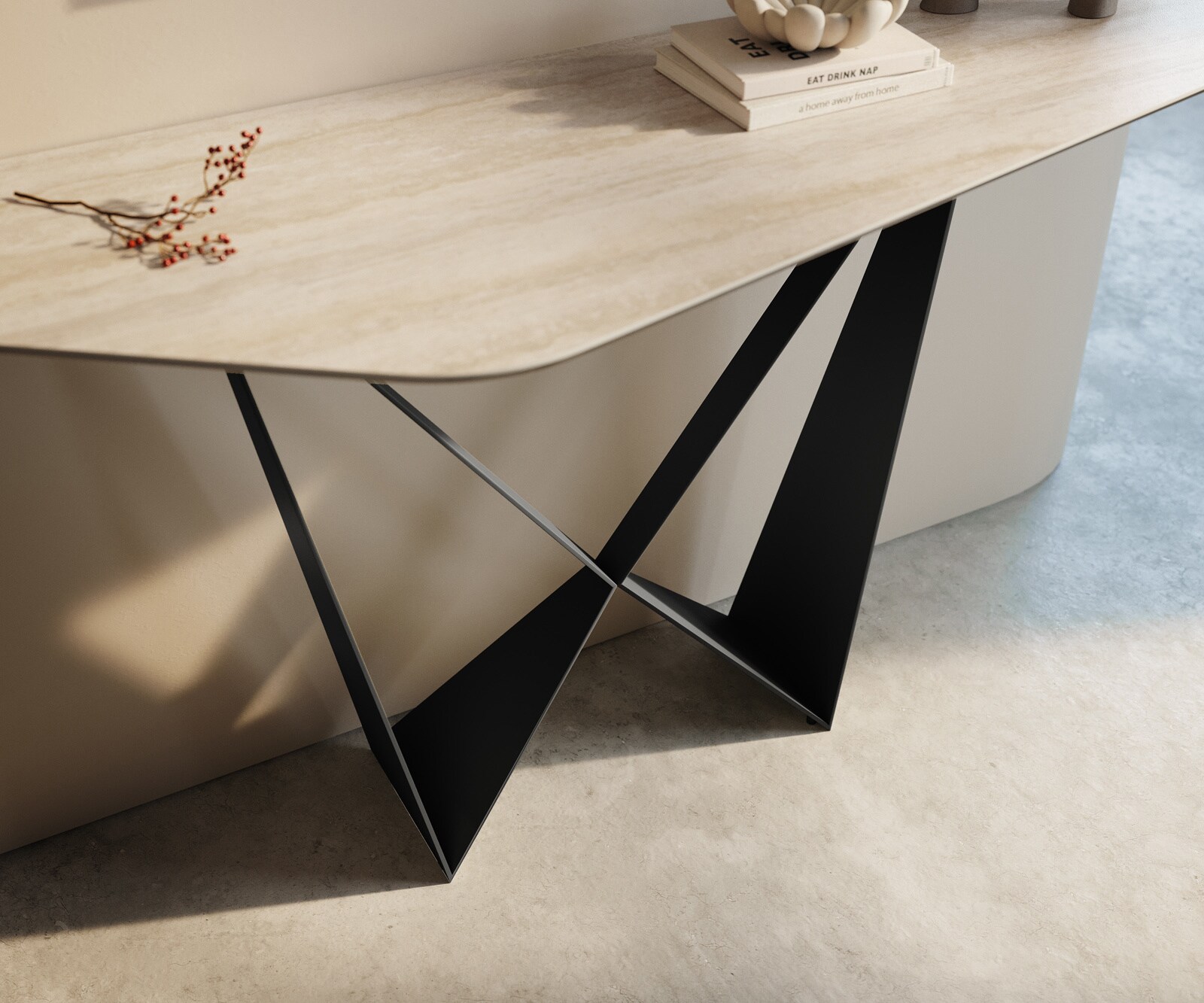 Konsola Edge wielokątna 140x50 cm ceramika Laminam® Travertino Bianco kremowo-biały podstawa Spios metal czarny 6