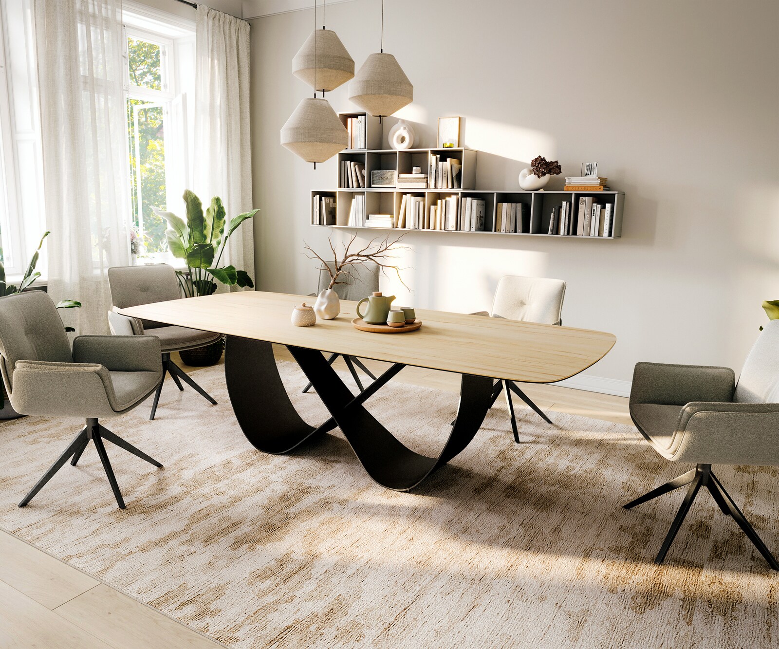 Stół do jadalni Edge w kształcie beczki 260x120 cm ceramika Laminam® Sabbia w kolorze dębu rama Infinity metal czarny 7