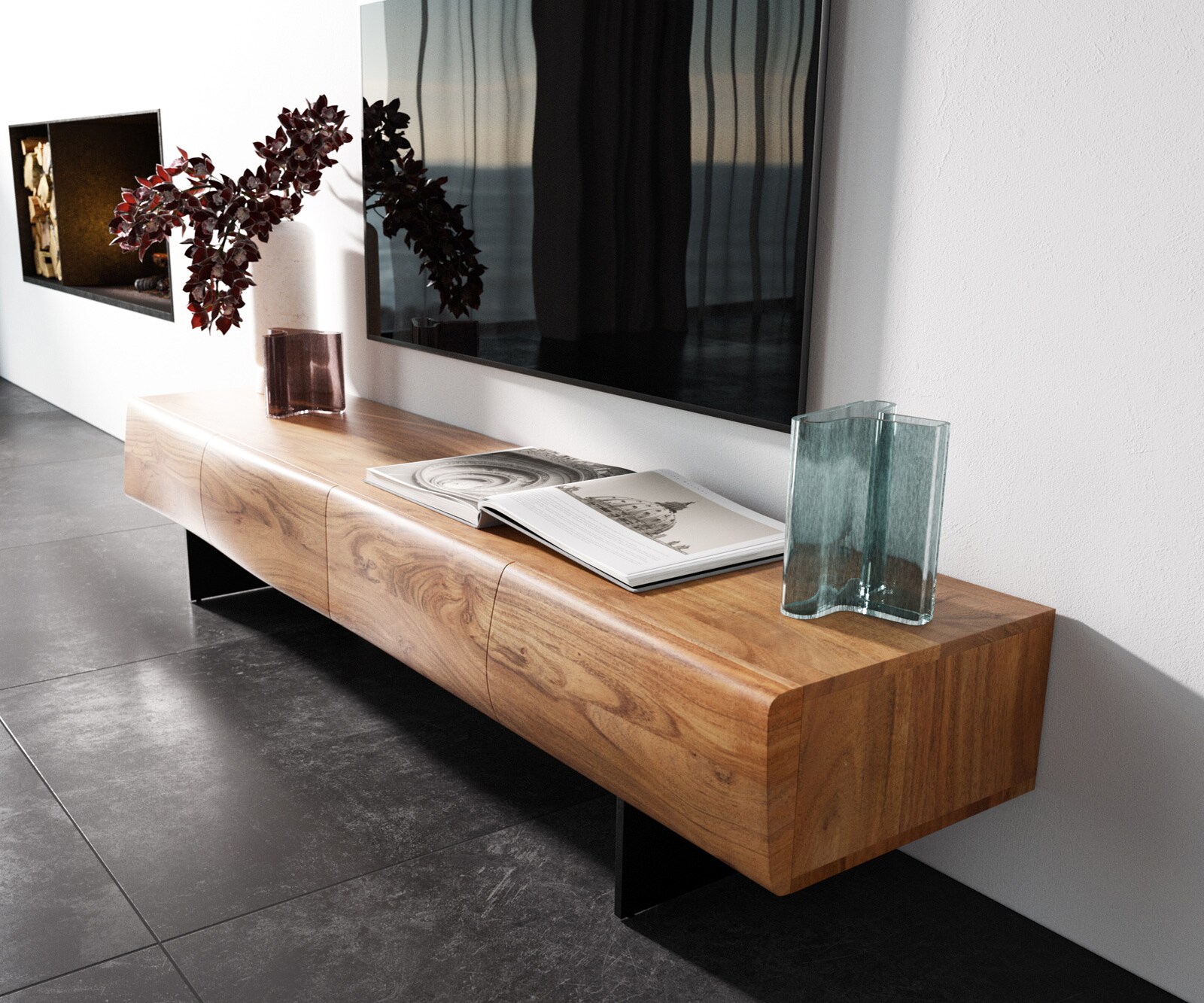 Szafka RTV New Live-Edge 175 cm akacja naturalna 4 drzwi nóżki wąskie czarny metal 2