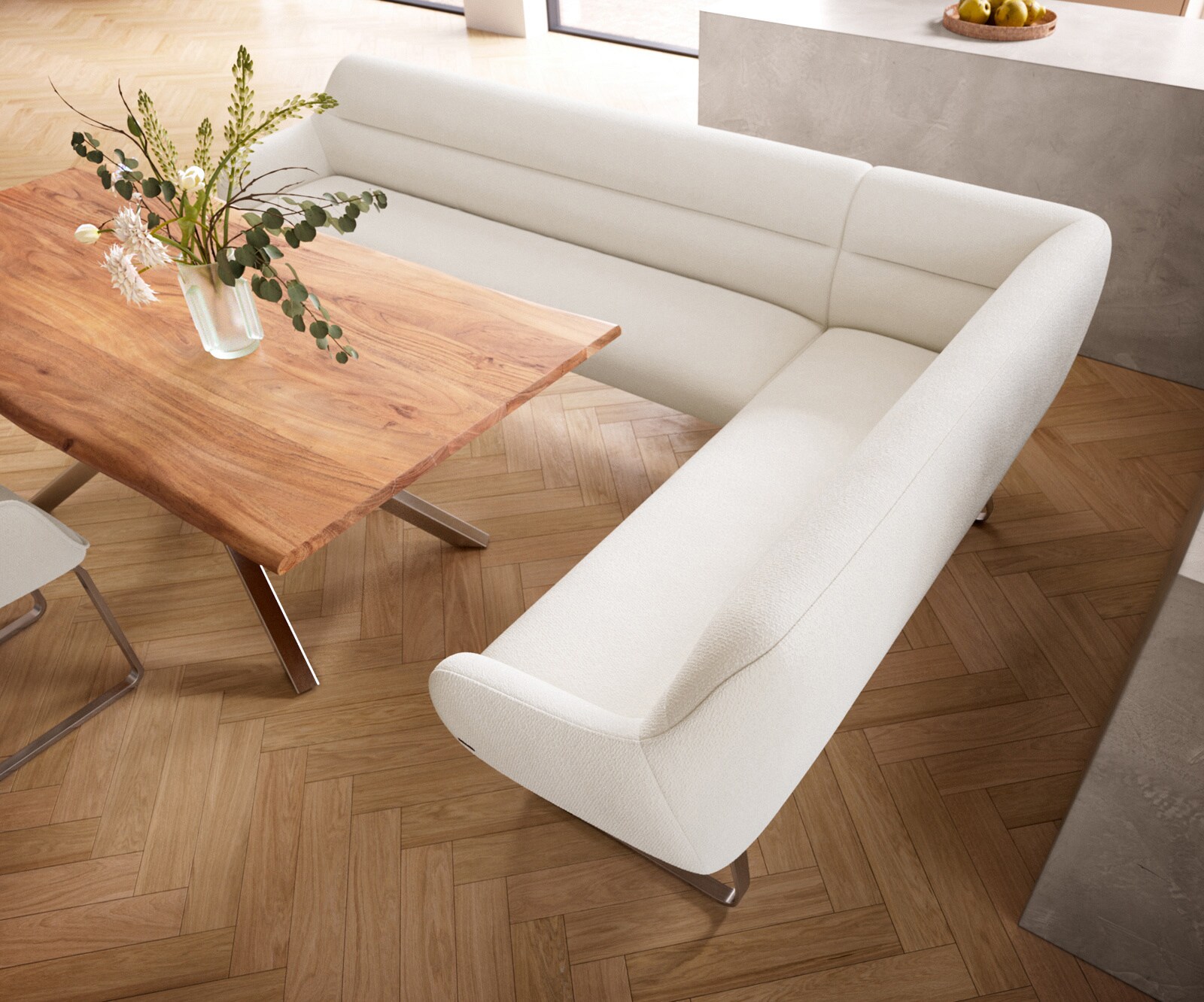 Ławka do jadalni Taya-Flex 285x190 cm bouclé kremowo-biały podstawa płozowa płaska stal nierdzewna sprężyny kieszeniowe lewa 4