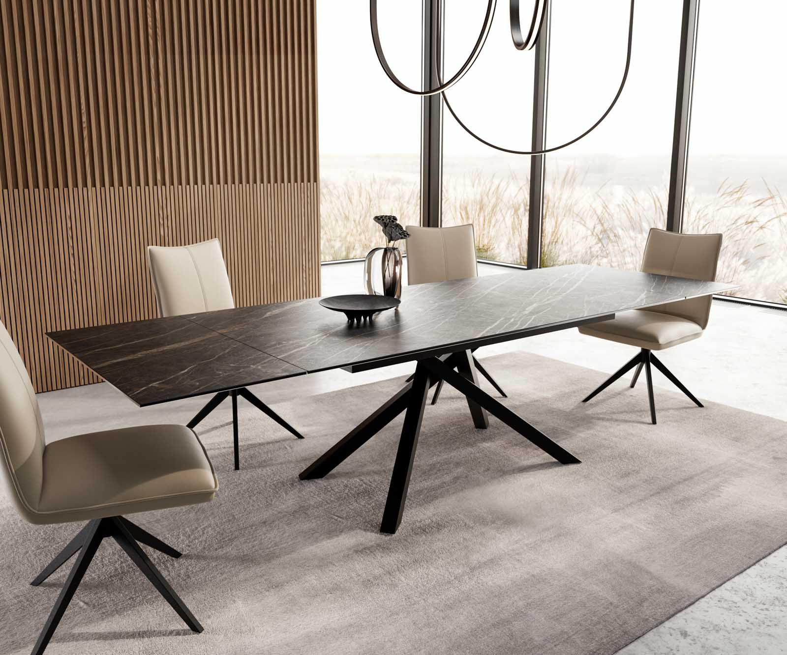 Stół do jadalni Edge 200-300x100 cm ceramika Laminam® Noir Desir brązowy rama Cross czarna rozkładany 6