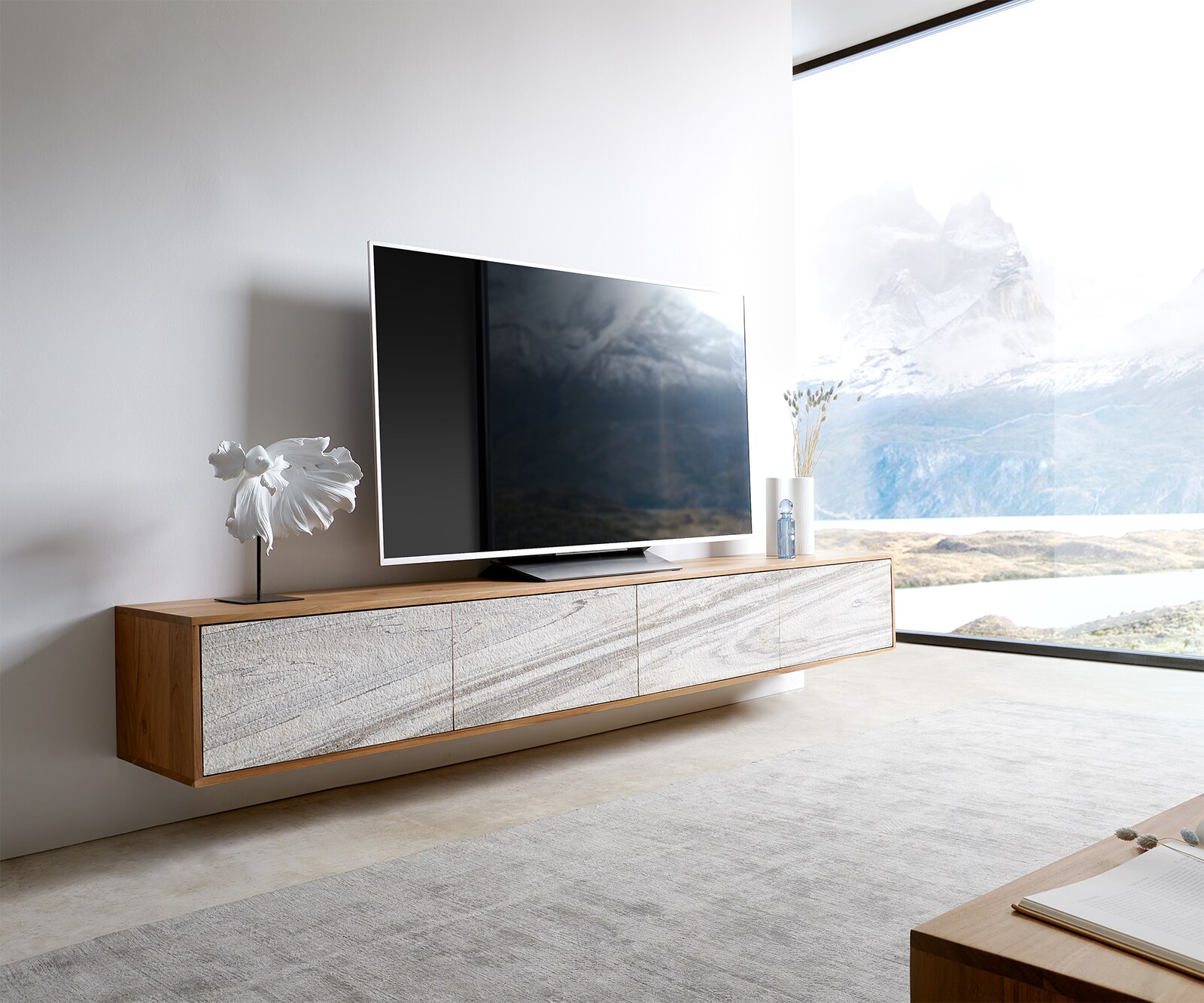 Szafka RTV Kleo 220 cm akacja naturalna 4 drzwi podwieszana