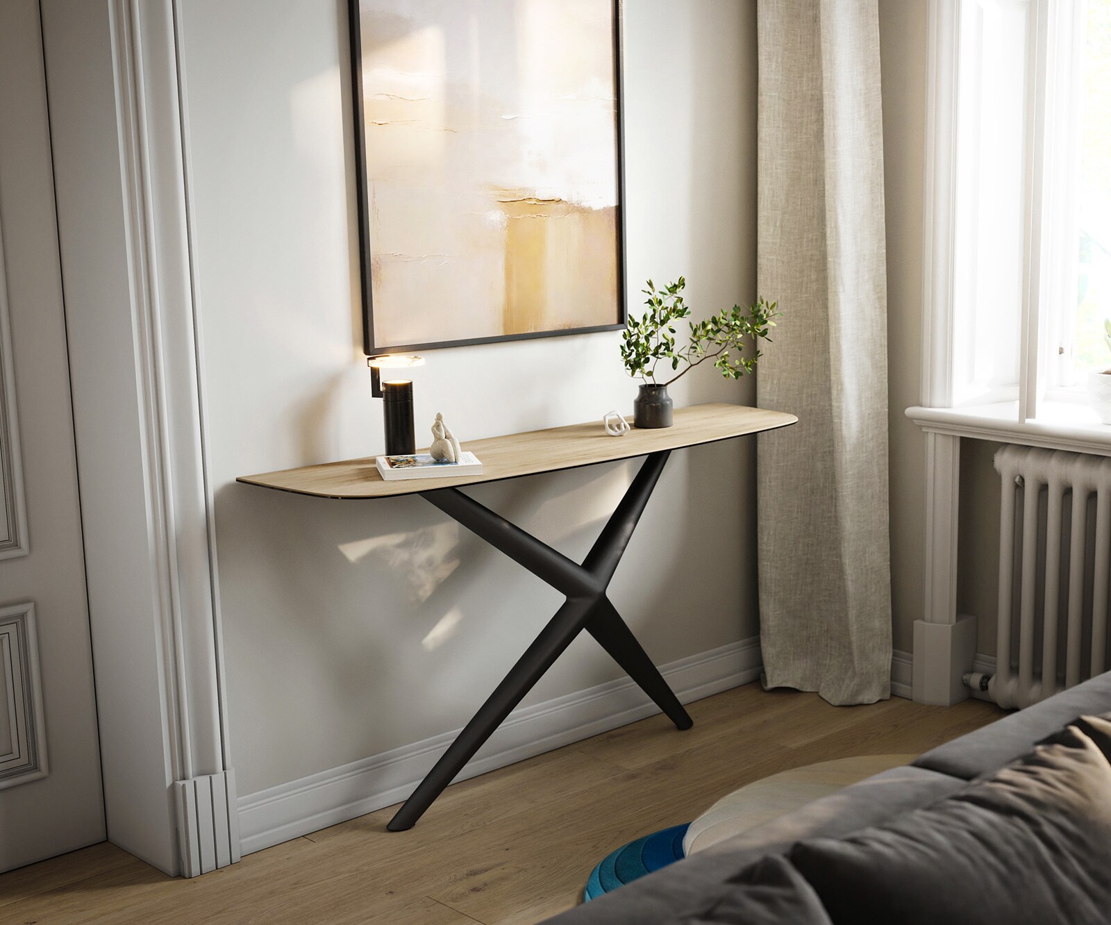 Konsola Edge w kształcie beczki 140x40 cm ceramika Laminam® Sabbia w kolorze dębu rama Estelo metal czarny 4