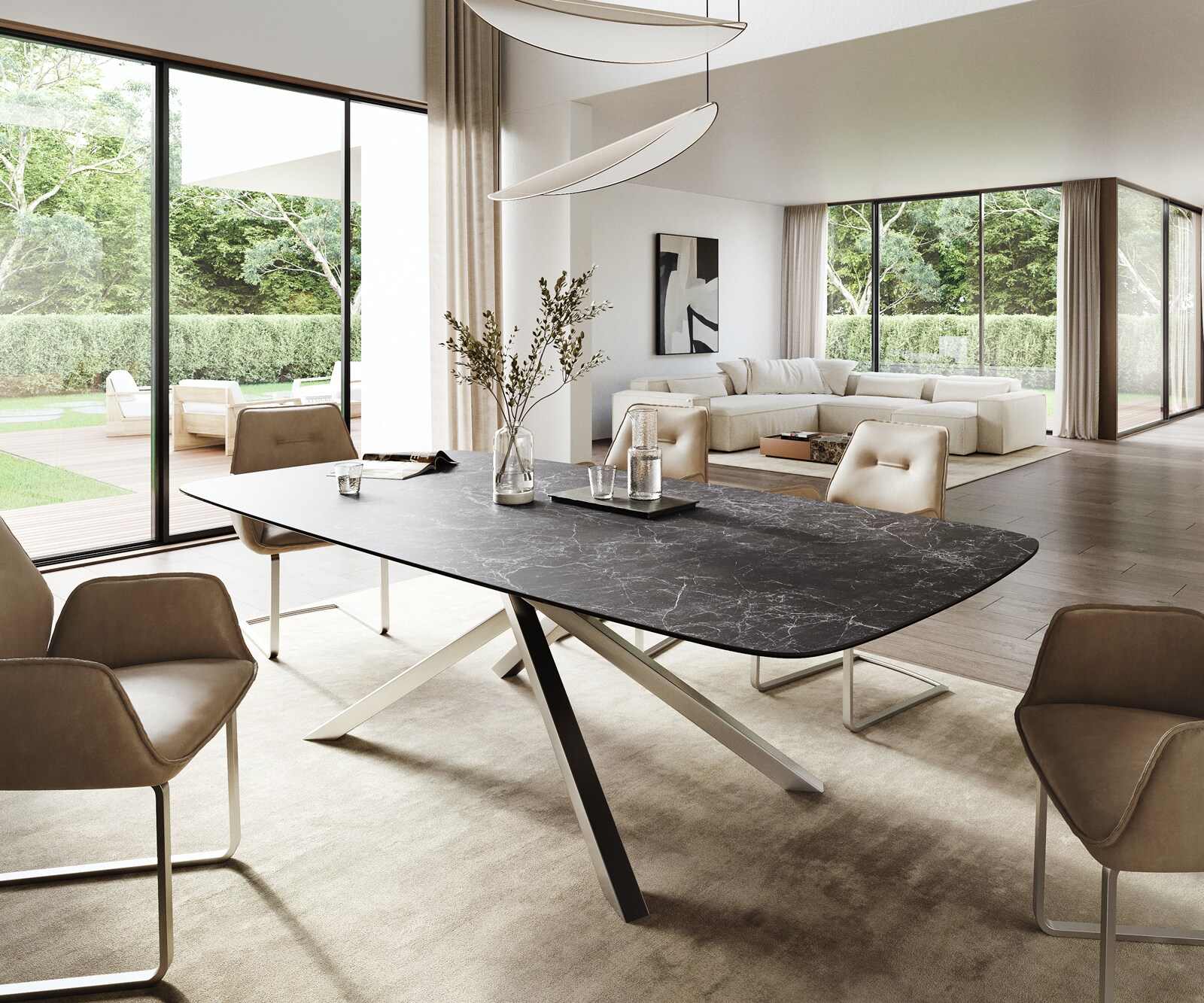 Stół do jadalni Edge w kształcie beczki 260x120 cm ceramika Laminam® Nero Greco antracytowa rama Cross stal nierdzewna