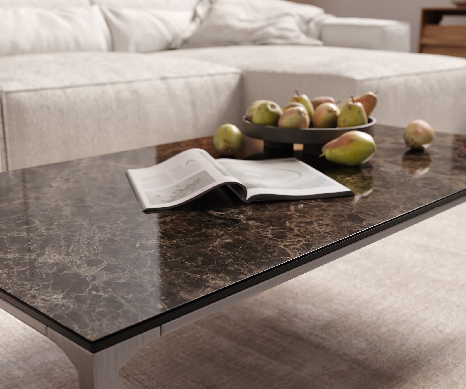 Stolik kawowy Levente 110x60 cm ceramika Emperador Extra Lucidato ciemnobrązowy rama stal nierdzewna srebrny 5
