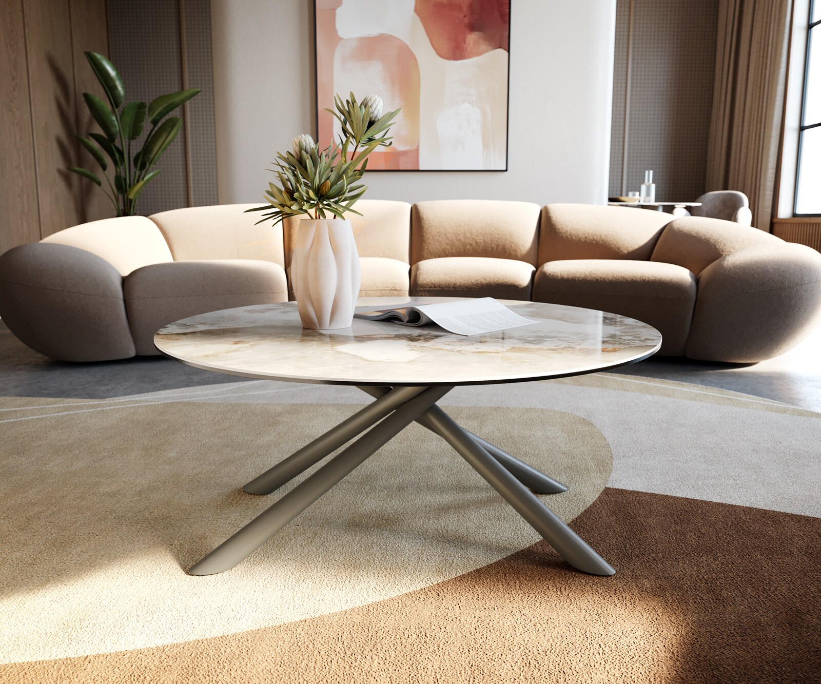 Stolik kawowy Edge okrągły 90x90 cm ceramika Minas Melange podstawa Sarity metal w kolorze tytanowym 4