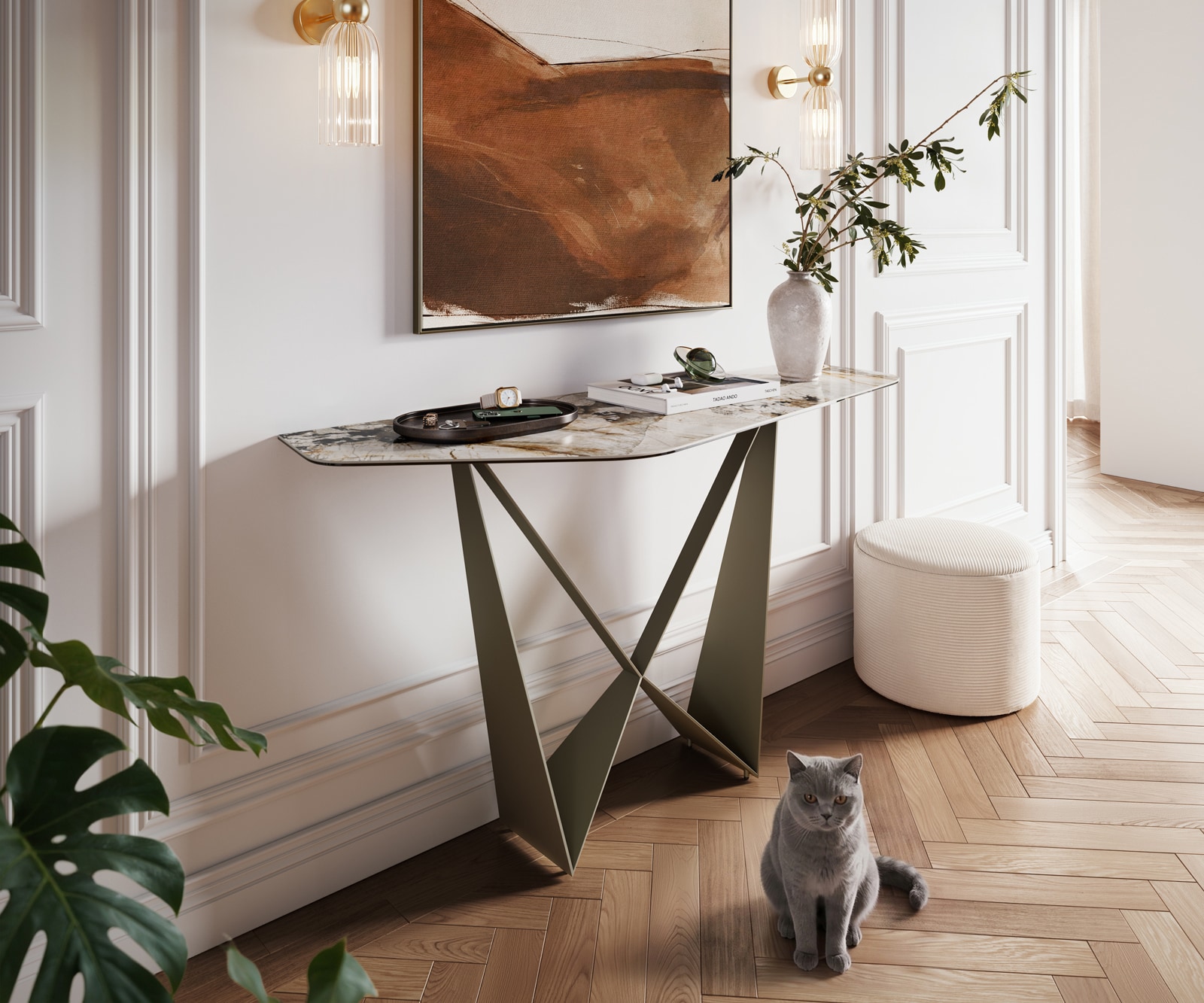Konsola Edge wielokątna 140x50 cm ceramika Patagonia podstawa Spios metal w kolorze tytanu 1