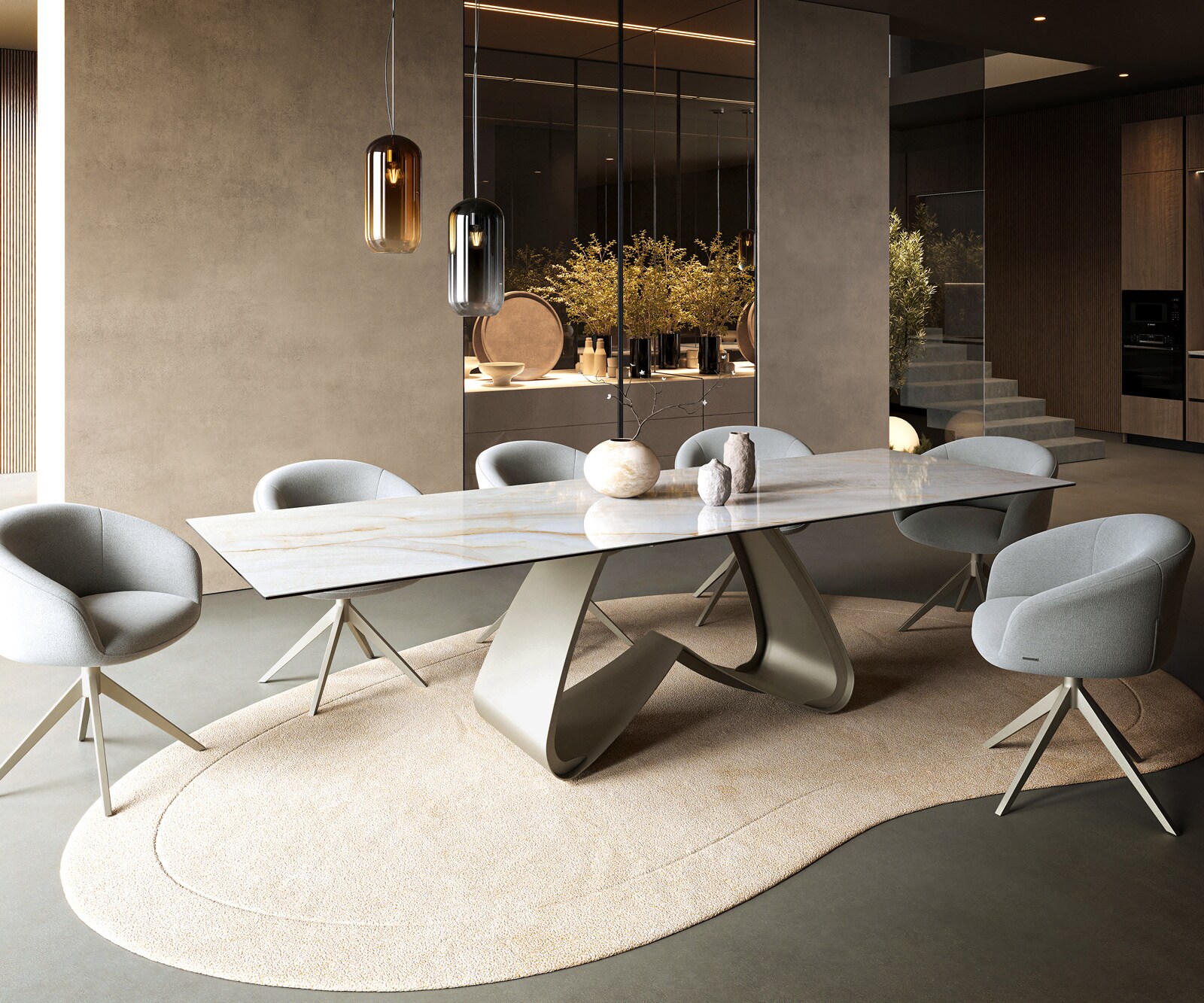 Stół do jadalni Edge 300x100cm ceramika Onyx Pearl rama W metal kolor tytanowy 6