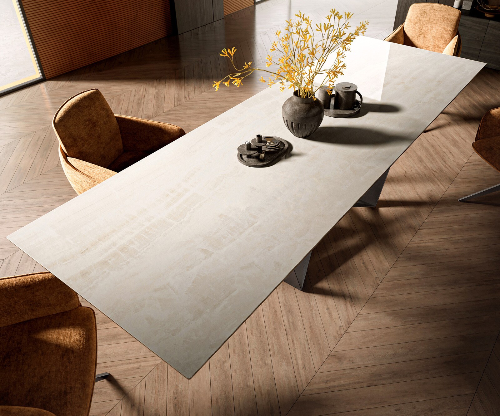 Stół do jadalni Edge 300x100 cm ceramika Onyx Champagne rama Spider stal nierdzewna kolor grafitowy 4