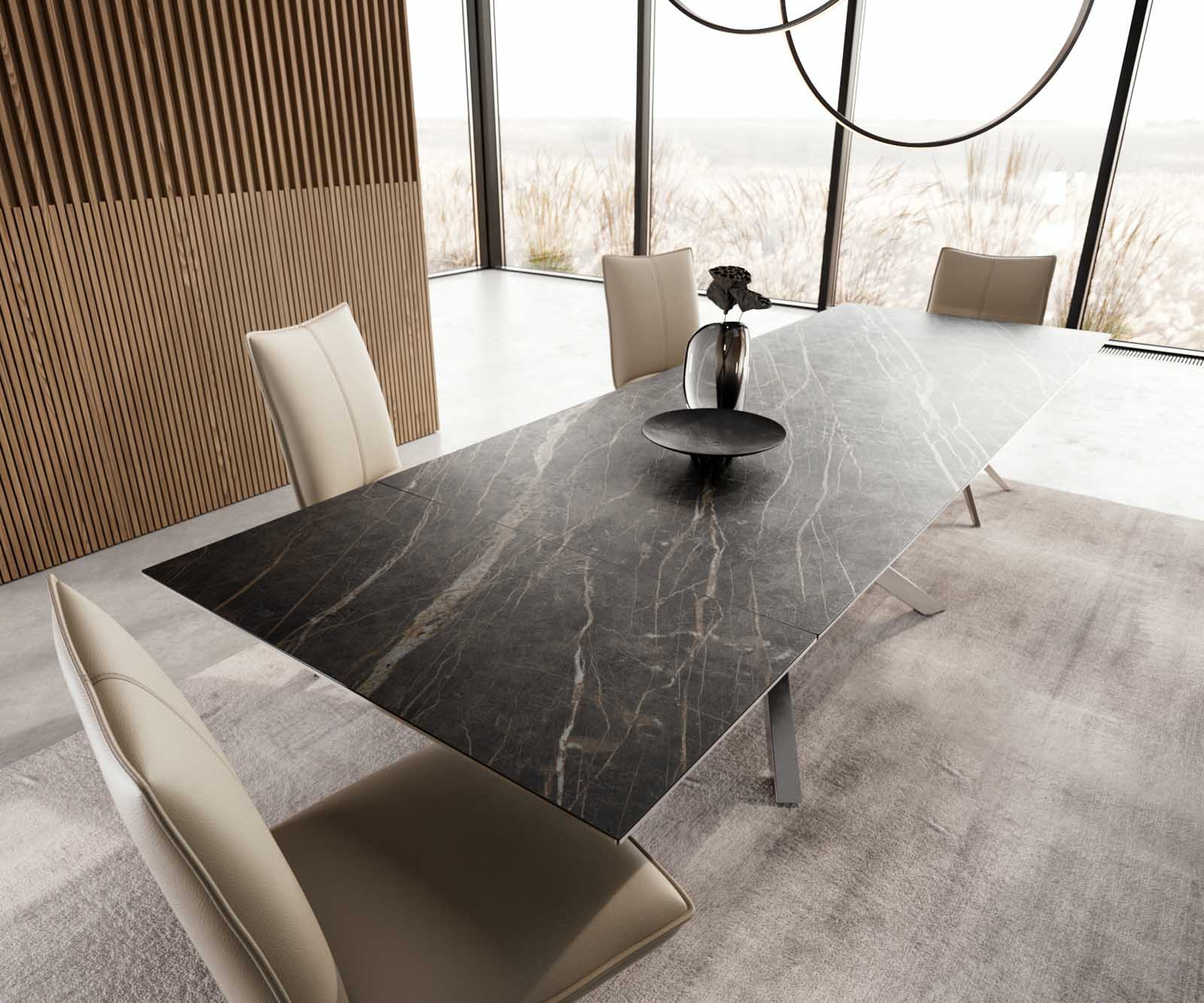 Stół do jadalni Edge 200-300x100 cm ceramika Laminam® Noir Desir brązowy rama Cross stal nierdzewna rozkładany 3