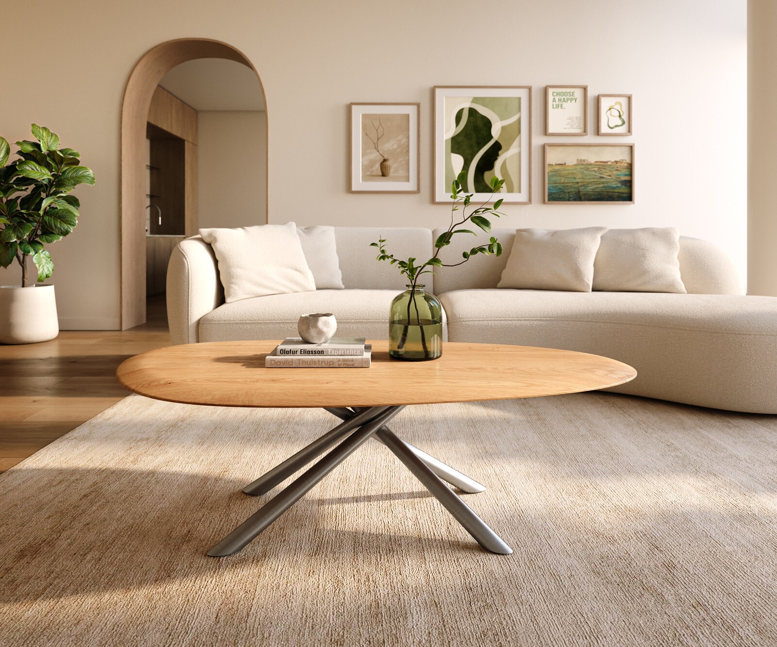 Stolik kawowy Edge owalny 140x75 cm dąb naturalny zaokrąglona krawędź Sarity stal nierdzewna szczotkowana 1