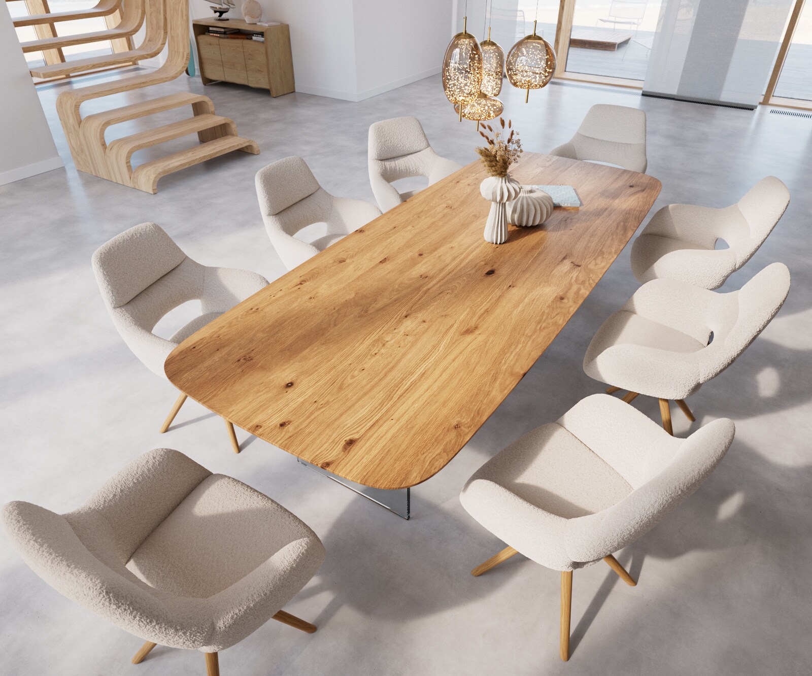 Stół do jadalni Edge w kształcie beczki 300x120x2,5-3 dąb naturalny rama szklana krawędź szwajcarska 4