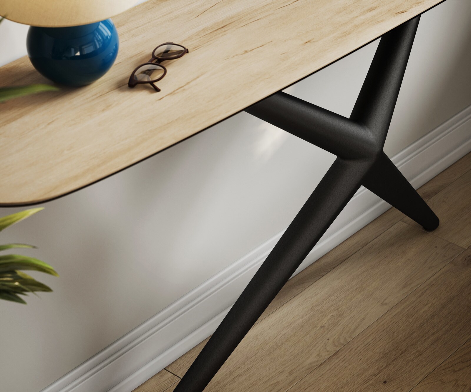 Konsola Edge w kształcie beczki 180x40 cm ceramika Laminam® Sabbia w kolorze dębu rama Estelo metal czarny 6