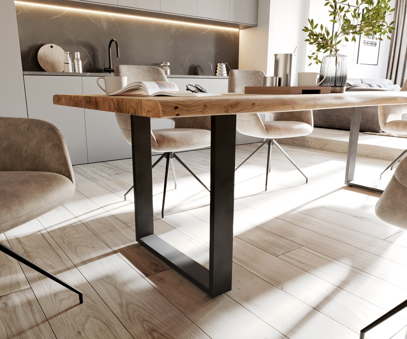 Stół do jadalni Edge 260x100 cm akacja naturalna metal wąska rama czarna live-edge 5