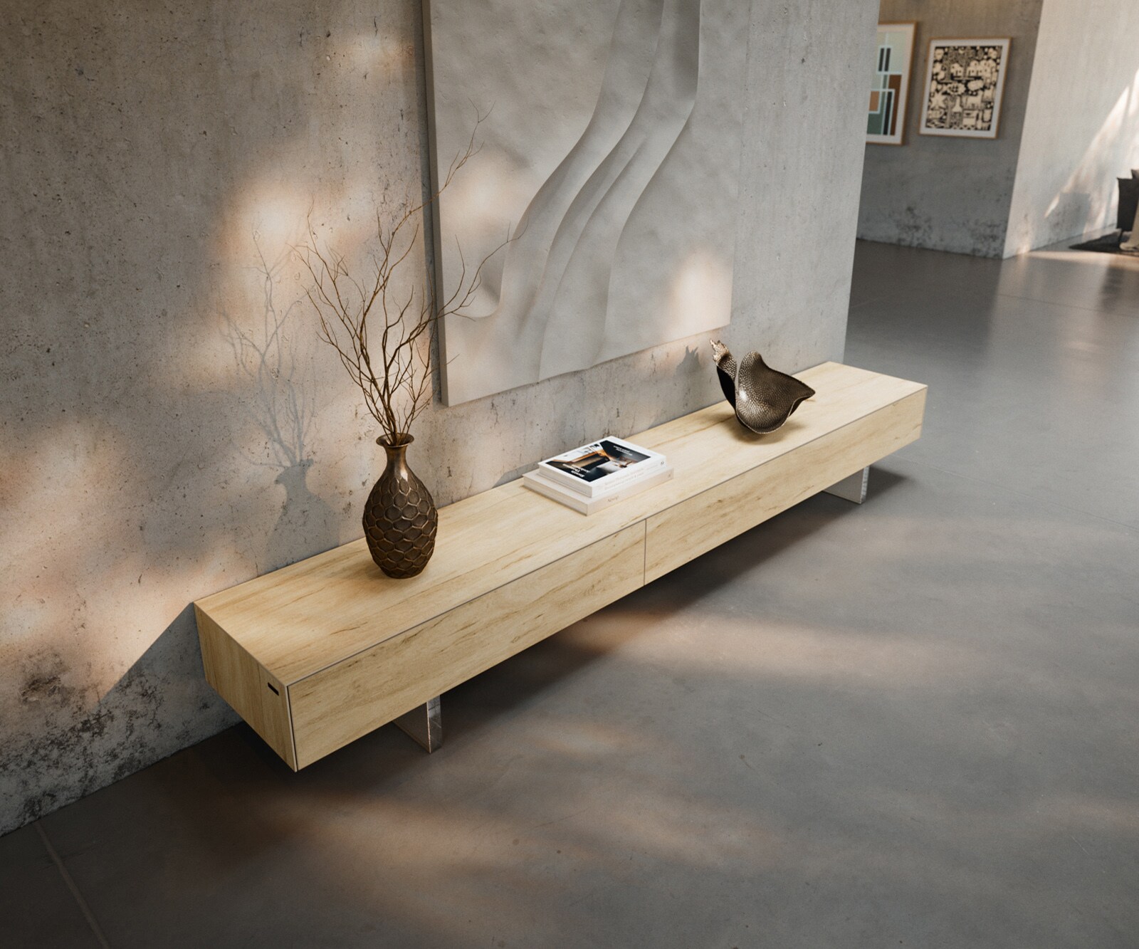 Szafka RTV Cuor 250 cm ceramika Laminam® Sabbia (kolor dębu) 1 klapa 1 szuflada nóżki akrylowe 4
