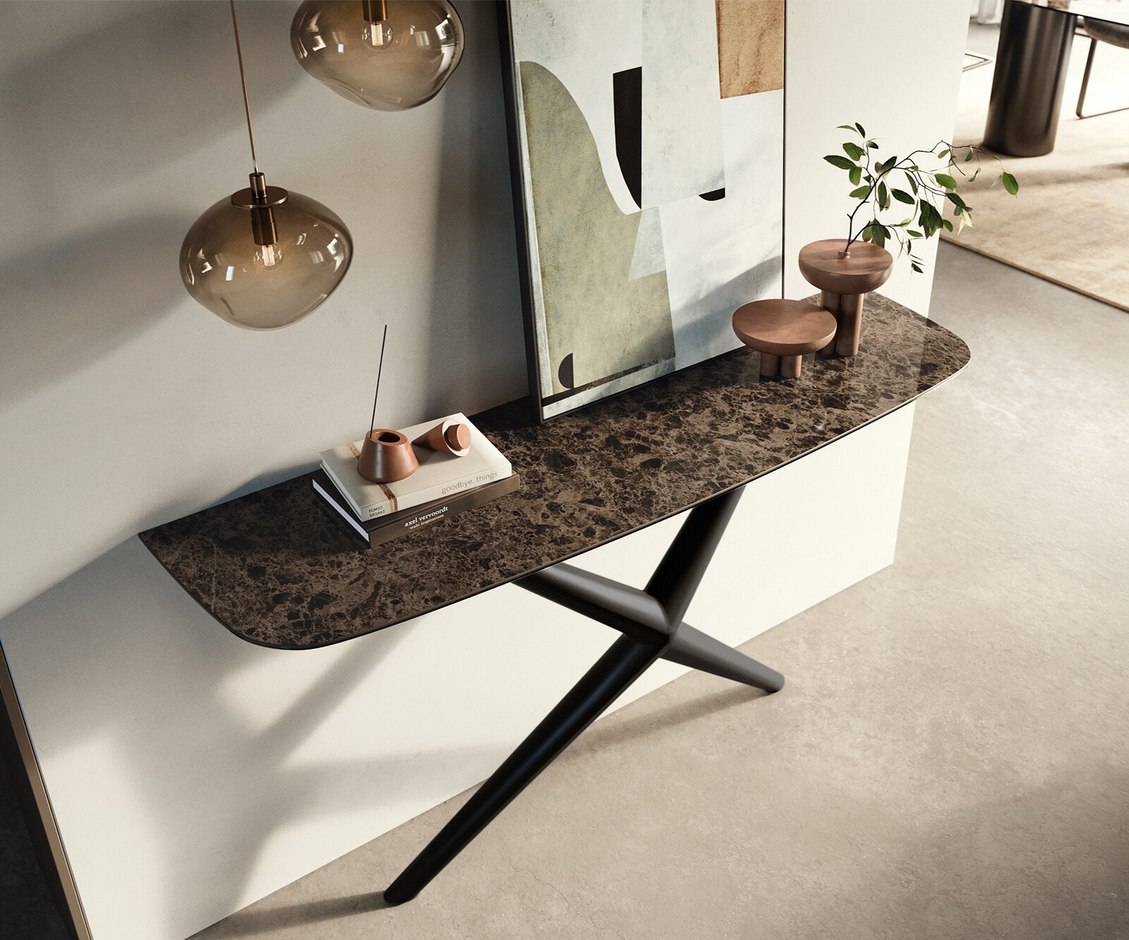 Konsola Edge w kształcie beczki 140x40 cm ceramika Emperador Extra Lucidato ciemnobrązowa rama Estelo metal czarny 2
