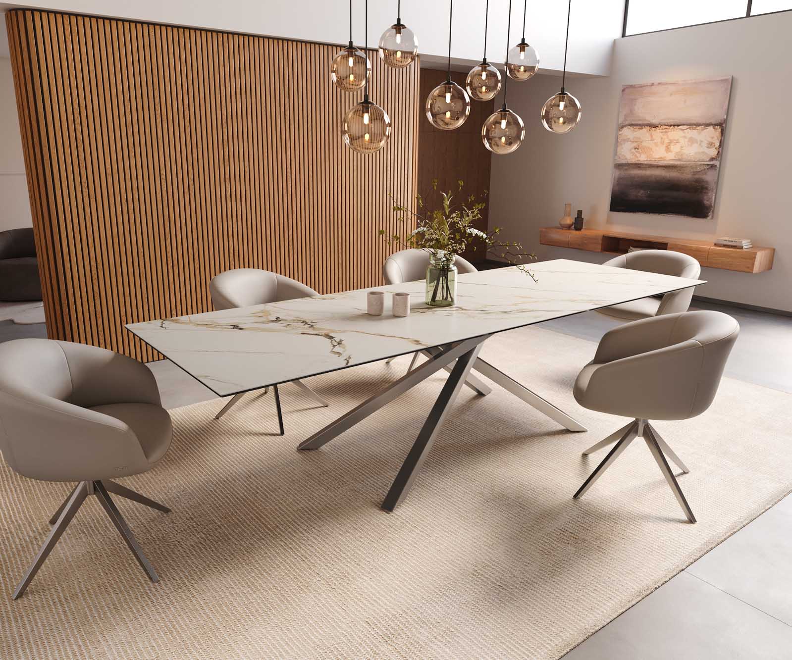 Stół do jadalni Edge 300x100cm ceramika Calacatta Luxe biało-złoto-szary rama Cross stal nierdzewna 8
