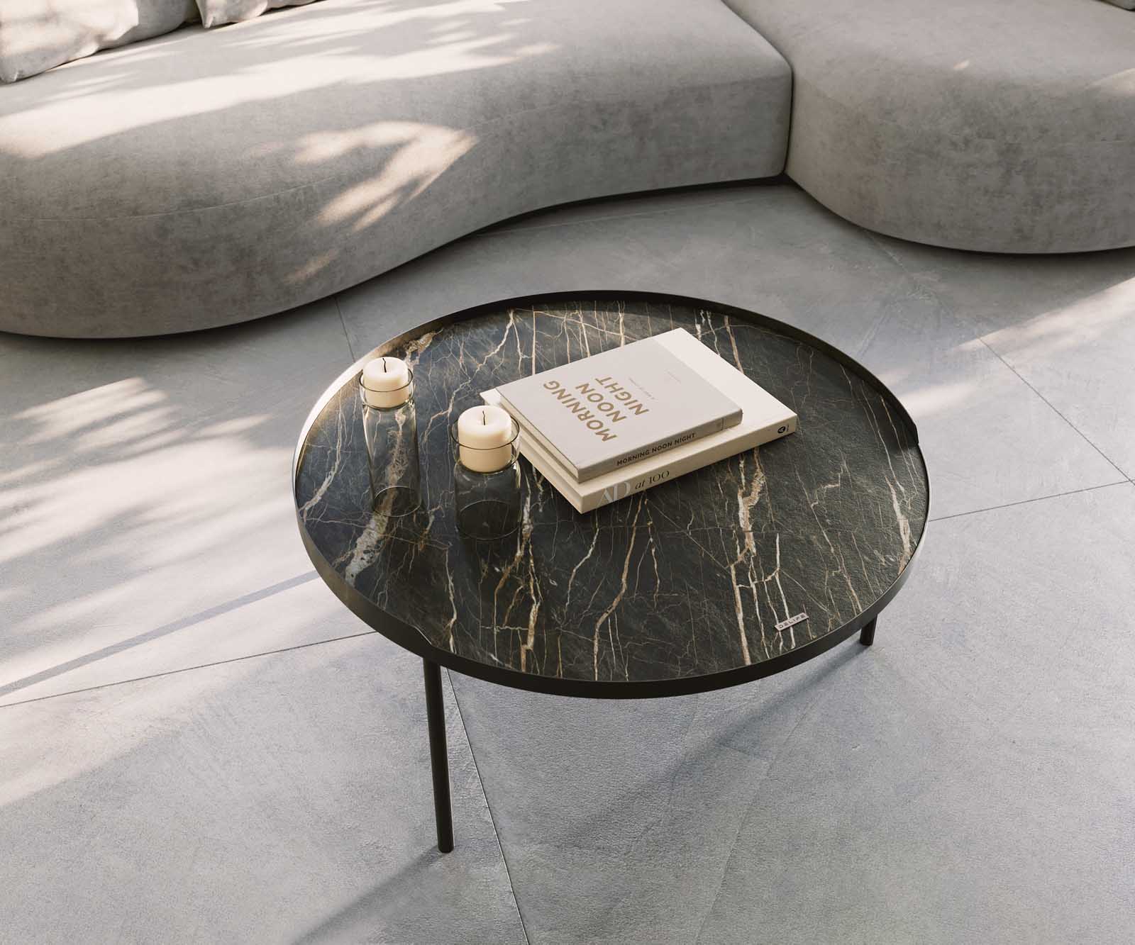 Stolik kawowy Torell 80x80 cm ceramika Laminam®Noir Desir brązowa podstawa czarna metalowa 5
