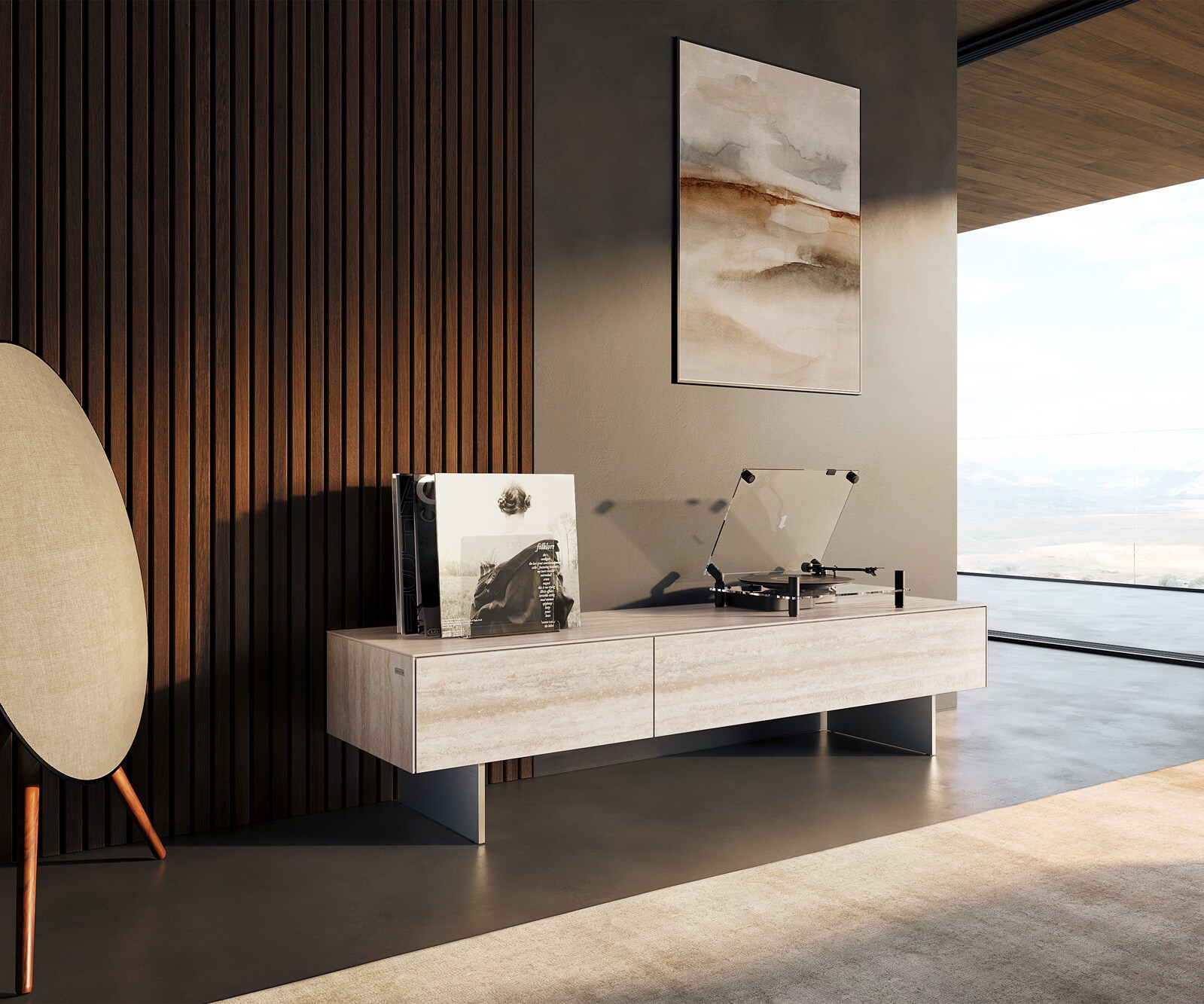 Szafka RTV Cuor 150 cm ceramika Laminam® Travertino Bianco kremowo-biała 1 klapa 1 szuflada nóżki wąskie stal nierdzewna